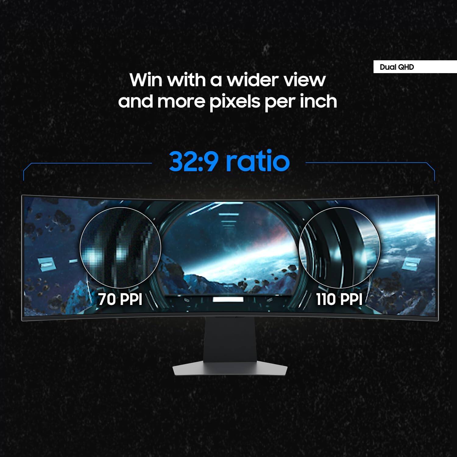 Win with a wider view and more pixels per inch

Dual QHD

32:9 ratio

70 PPI

110 PPI