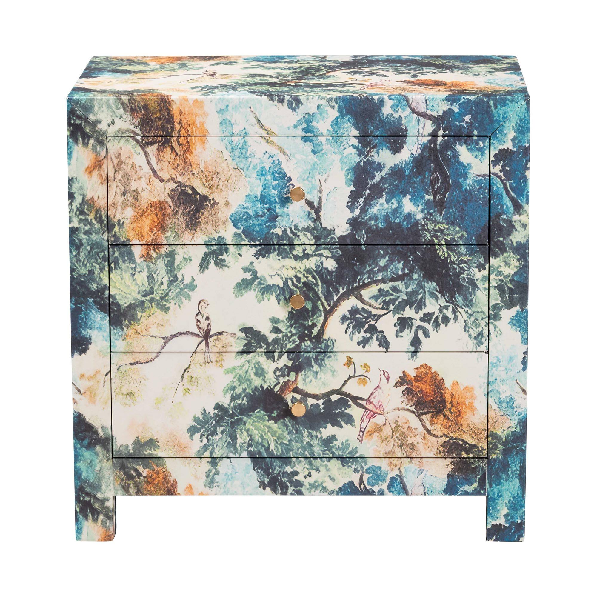 Left. Baxton Studio - Adeline End Table with Printed Nature Motif - 3-Drawer Storage Cabinet with Gold Knobs - Multicolor/Brass.