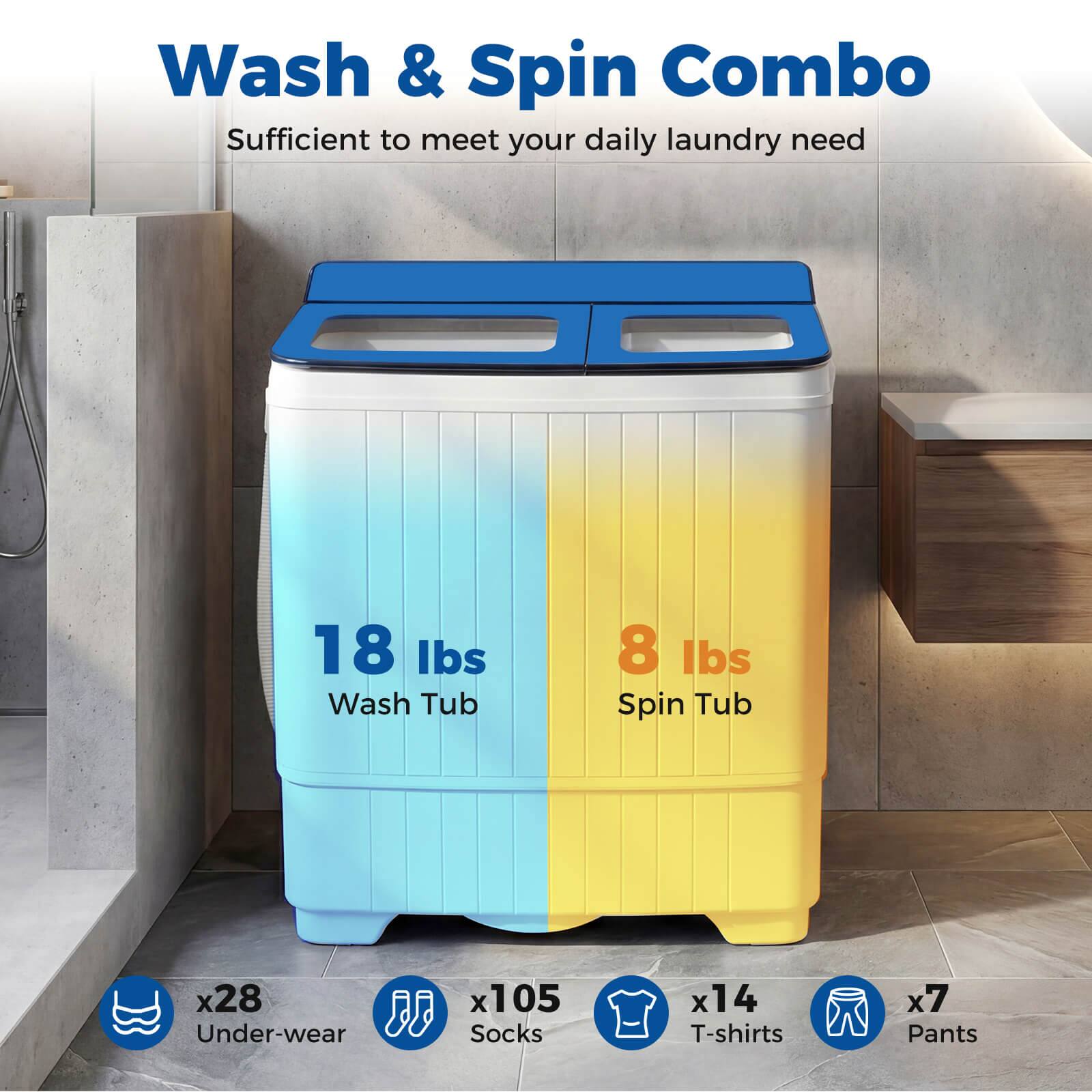 Wash & Spin Combo  
Sufficient to meet your daily laundry need  

18 lbs Wash Tub  
8 lbs Spin Tub  

x28 Underwear  
x105 Socks  
x14 T-shirts  
x7 Pants