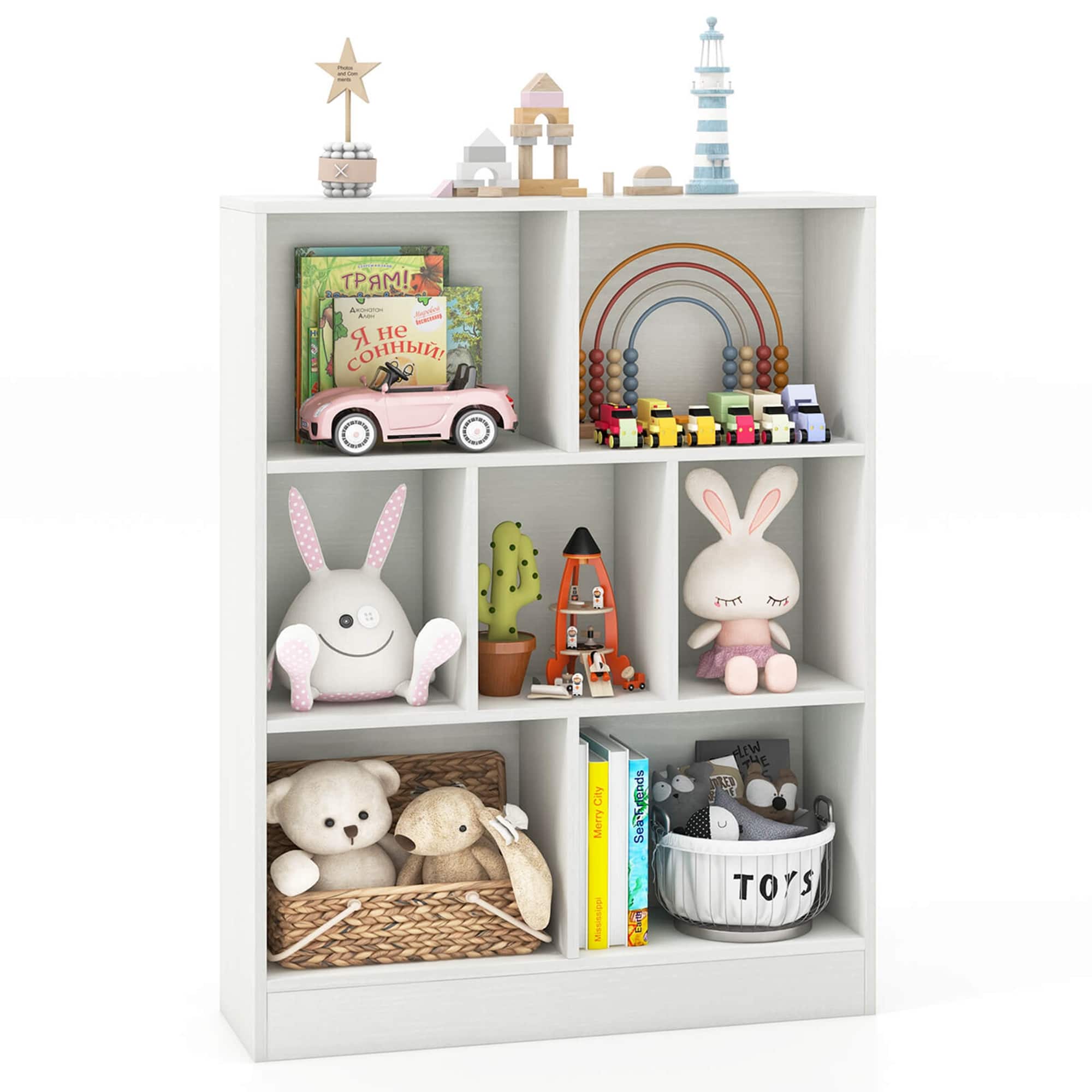 Costway - 7-Cube Bookcase for Kids 41" Wooden Toy Storage Organizer Freestanding Bookshelf - White