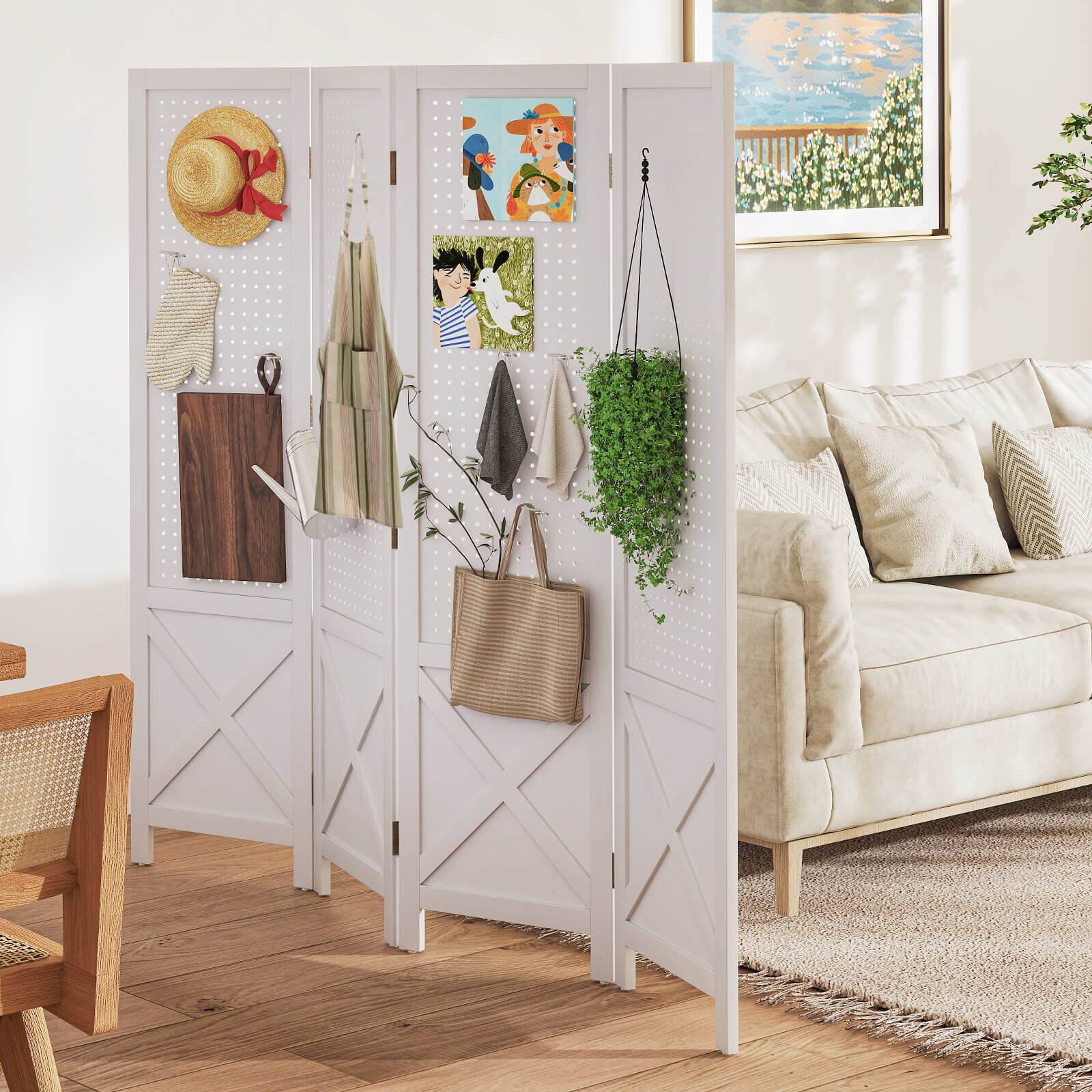 Alt View 3. Costway - Costway 4-Panel Pegboard Display Stand, 4.7 FT Folding Room Divider, Freestanding Screen - White.