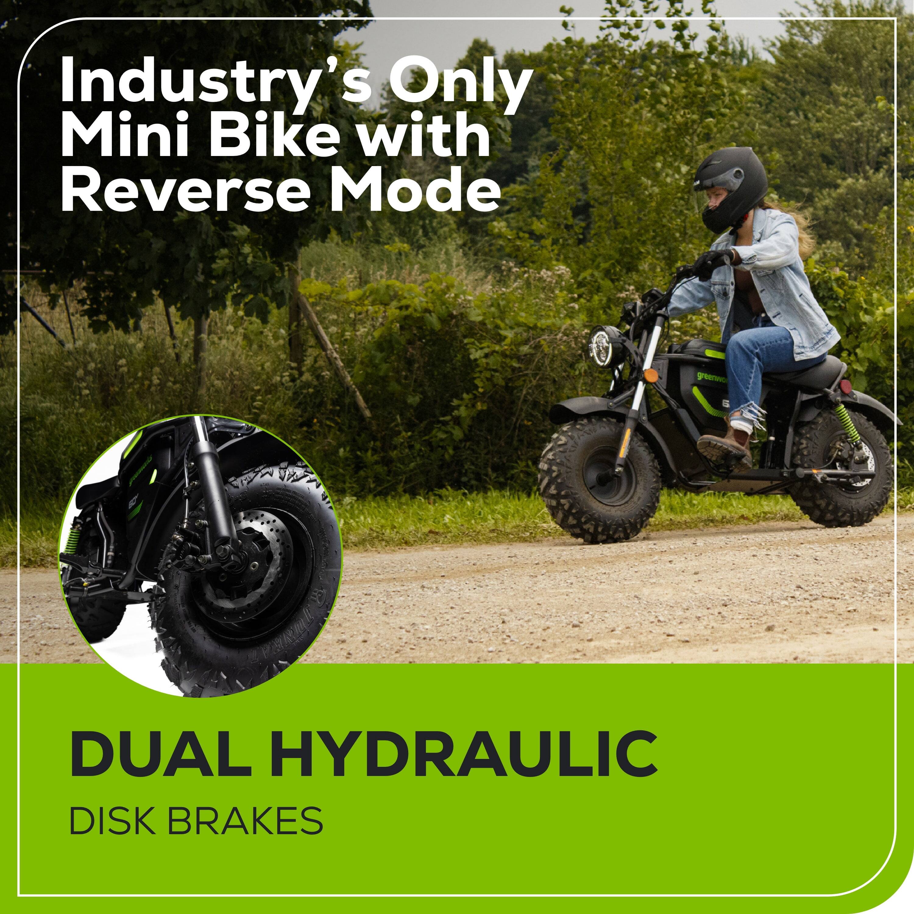 Alt View 5. Greenworks - Greenworks 60V Electric Mini Bike for Adult with (2) 8.0Ah Battery & 10A Dual Port Rapid Charger - Green.