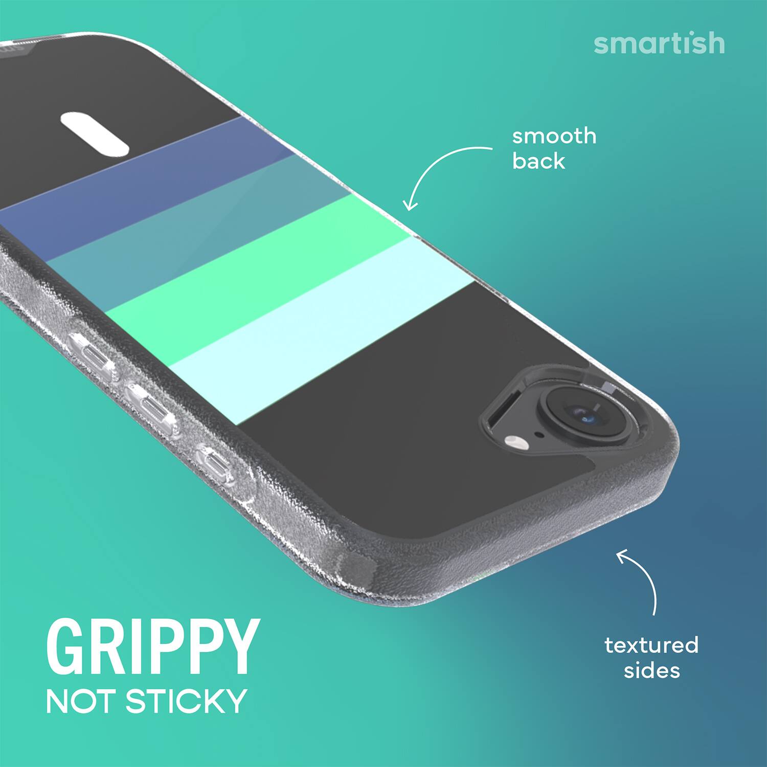 smartish  
smooth back  
GRIPPY NOT STICKY  
textured sides