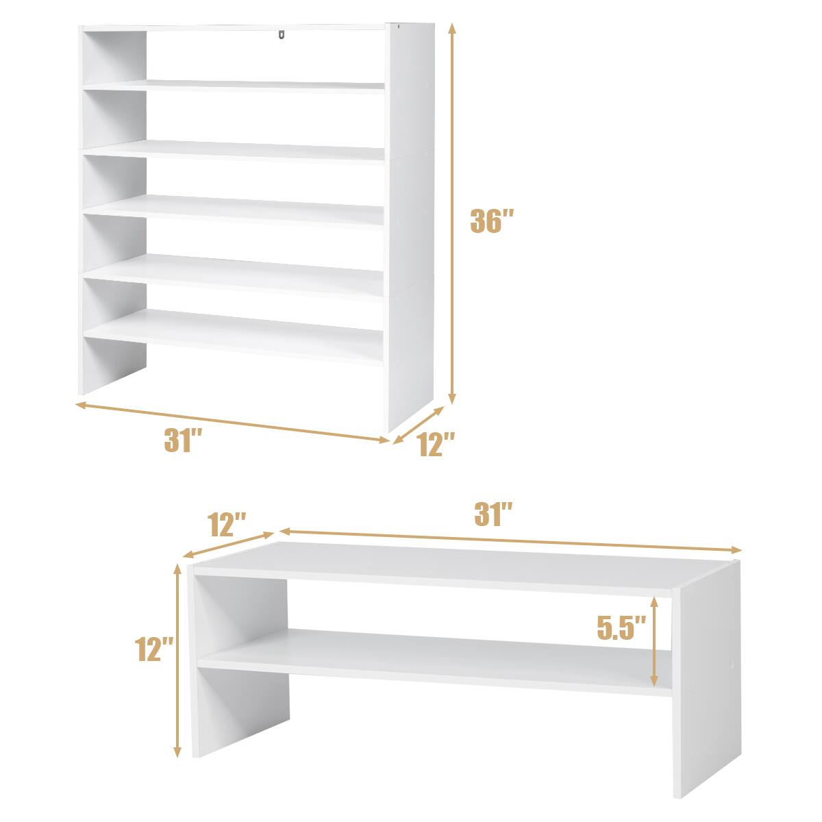 The text on the image reads: "36" 31" 12" 12" 31" 12" 5.5". This is a measurement of the shelves, with the first measurement being 36 inches, the second being 31 inches, the third being 12 inches, and the last two being 12 inches as well.