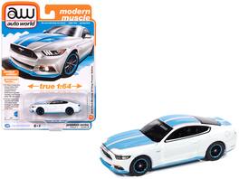 Autoworld - 2016 Ford Mustang GT King Premier Edition Petty's Garage Oxford White Petty Blue Stripes Modern Muscle 1/64 Auto World - Blue and white