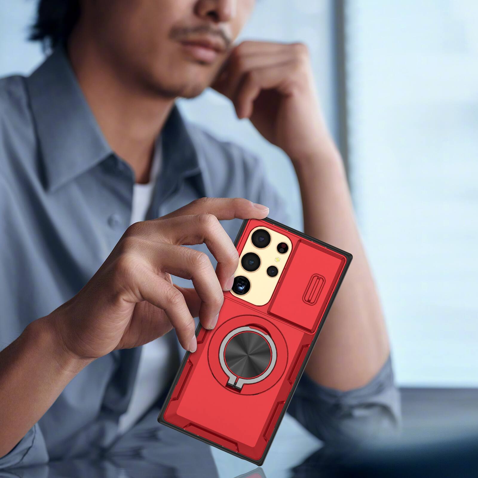 Alt View 3. UUCOVER - For Samsung Galaxy S25 Ultra Heavy Duty Case with Slide Camera Cover, Rotatable Magnetic Ring Kickstand Shockproof Cover - Red.
