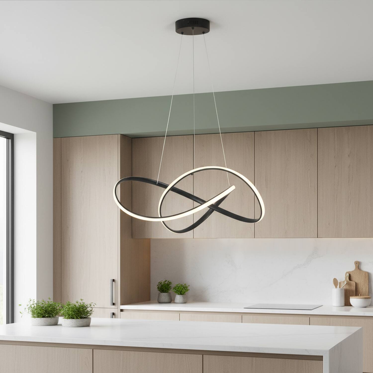 Left. Umeiluce - Modern 40W Integrated LED Abstract Ribbon Pendant Light, 3000K Dimmable Geometric Chandelier, Matte Black - Matte Black.
