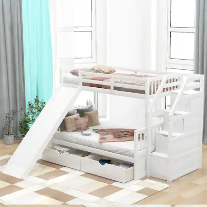 Front. Loheer - Loheer Twin Over Full Bunk Bed with Slide Drawers White - White.