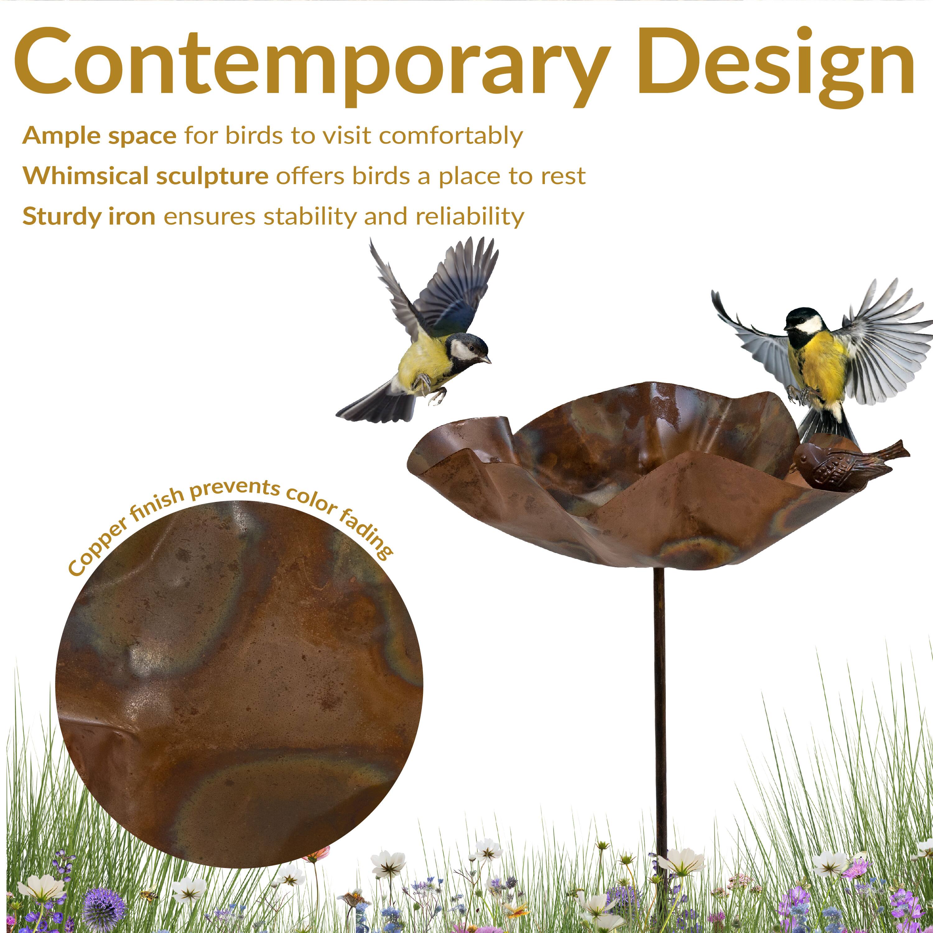 Contemporary Design

Ample space for birds to visit comfortably  
Whimsical sculpture offers birds a place to rest  
Sturdy iron ensures stability and reliability  

Copper finish prevents color fading
