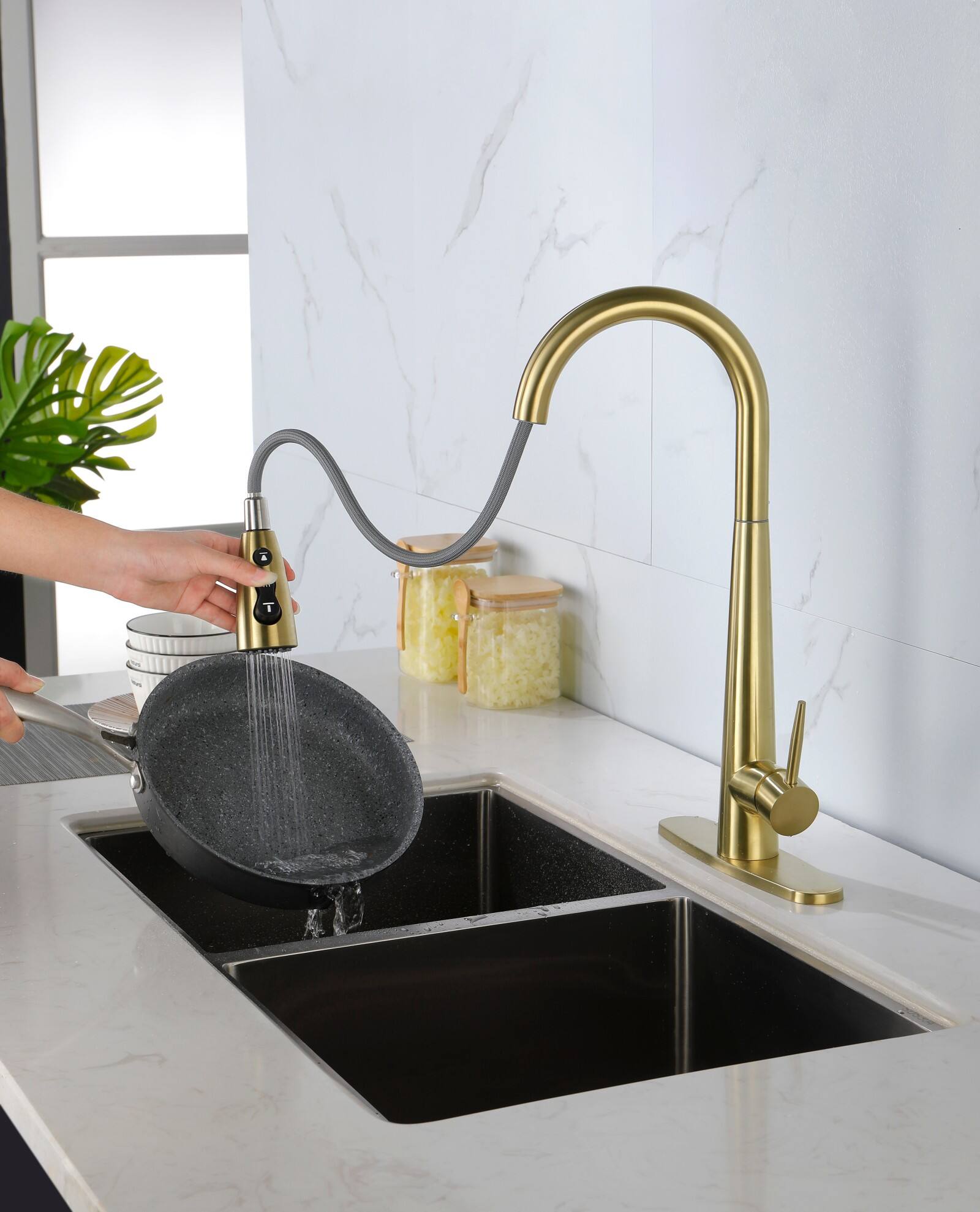 Alt View 3. Glintex - Kitchen Faucet with Pull Down Sprayer , High Arc Single Handle with Deck Plate, Modern Stainless Steel Kitchen Faucets - Gold.