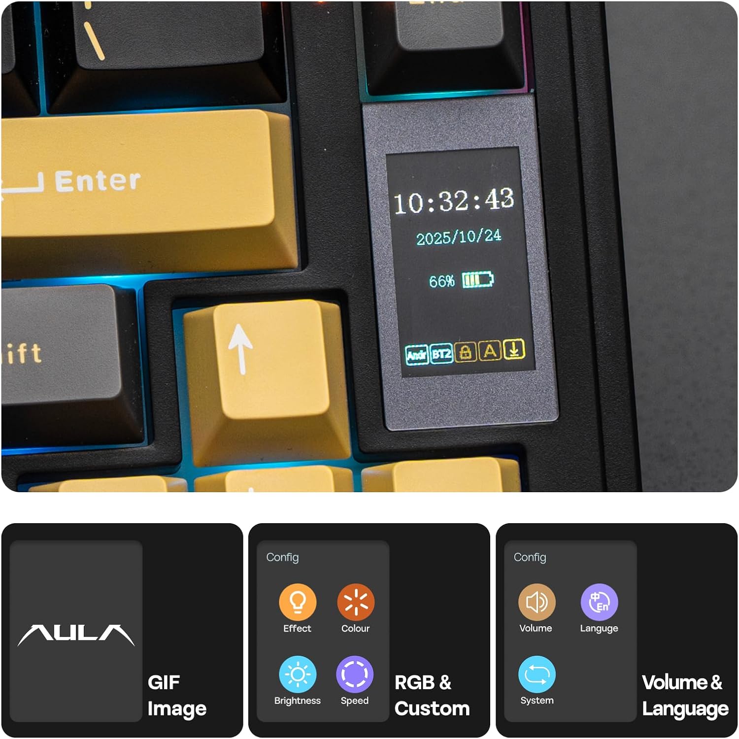 Enter 10:32:43 43 2025/10/24 66% ift Andr BT2 A K- Config Config AULA Effect Colour Volume Language GIF Image RGB & Brightness Speed Custom System Volume & Language