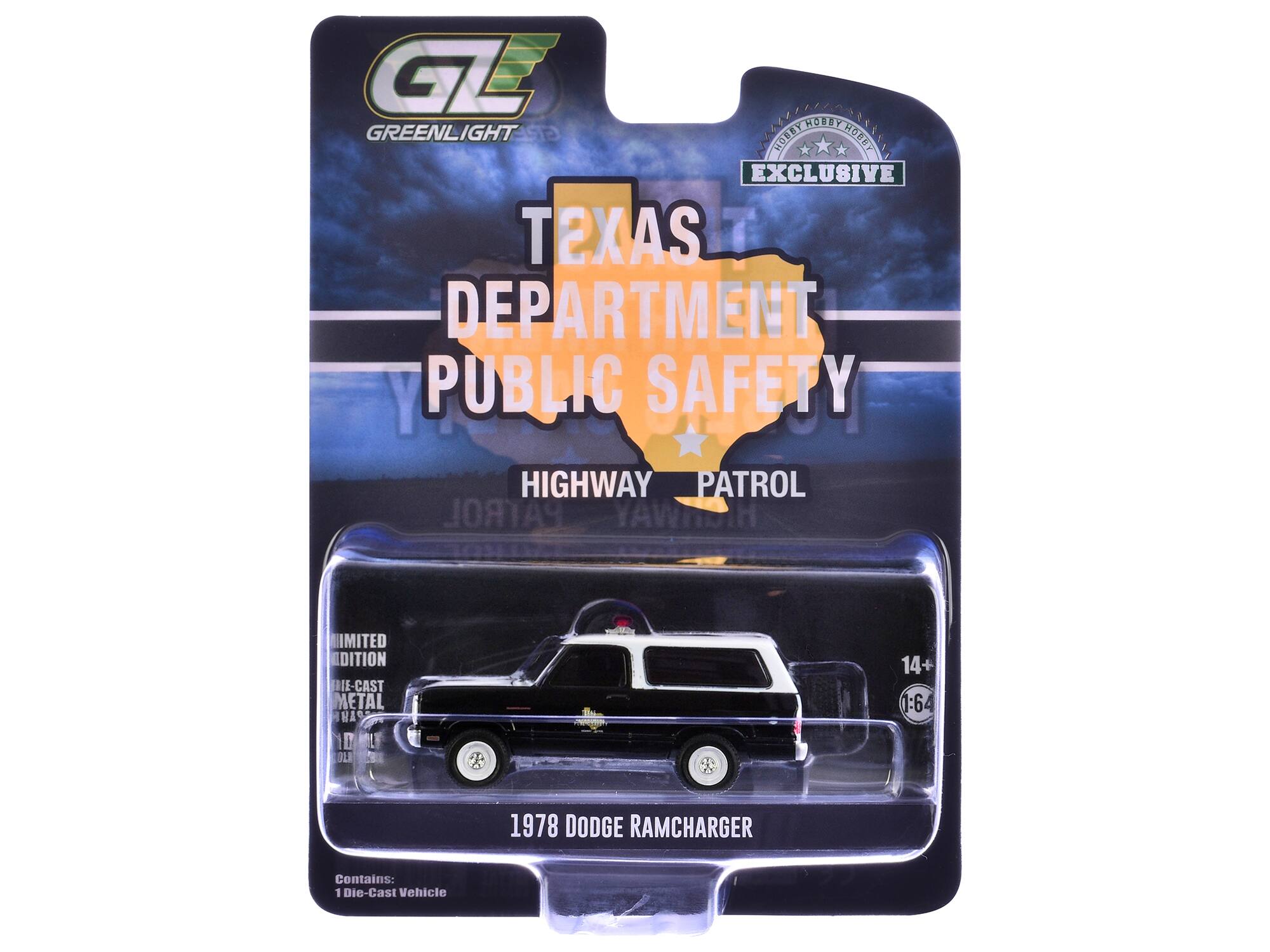 GE GREENLIGHTS EXCLUSIVE TEXAS DEPARTMENT OF PUBLIC SAFETY HIGHWAY PATROL YAWISH LIMITED EDITION 1:64 1978 DODGE RAMCHARGER Contains: 1 Die-Cast Vehicle