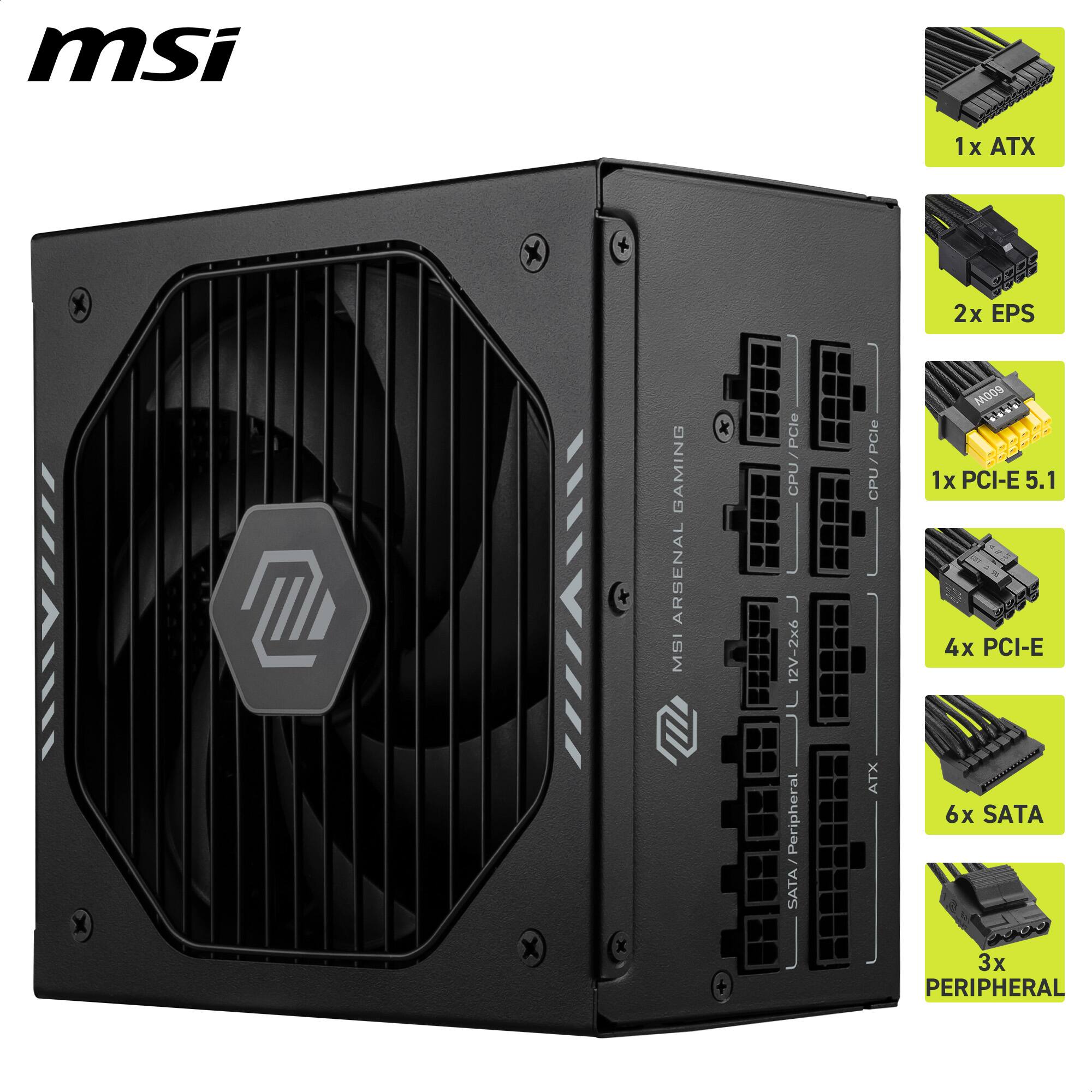 MSI ARSENAL GAMING ARSENAL MSI x PCle CPU 12V-2x6 PCle - CPU M009 .... 1x PCI-E 5.1 4x PCI-E X + Peripheral SATA/ ATX 6x SATA 3x PERIPHERAL