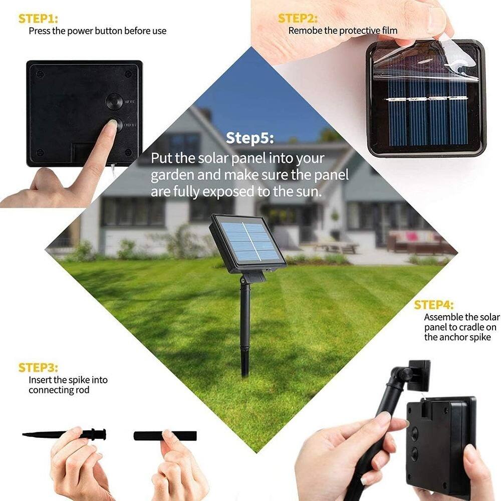 Sure, here is the corrected and grouped text:

**STEP 1:**
Press the power button before use

**STEP 2:**
Remove the protective film

**STEP 3:**
Insert the spike into connecting rod

**STEP 4:**
Assemble the solar panel to cradle on the anchor spike

**STEP 5:**
Put the solar panel into your garden and make sure the panel are fully exposed to the sun.