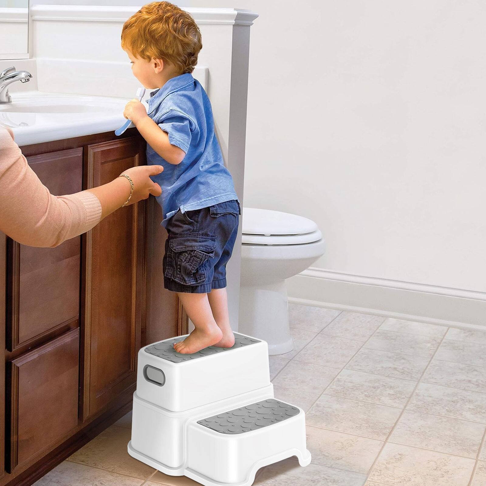Alt View 1. WELSPO - 2 Step Stool for Kids, Anti-Slip Toddler Toilet Potty Training Stool with Handles - Grey.