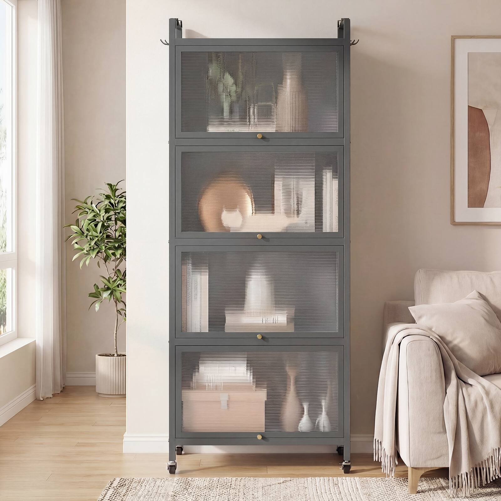 Alt View 3. Costway - Costway 5-Tier Kitchen Baker's Rack Storage Cabinet Mobile Microwave Stand Flip-up Doors - Grey.