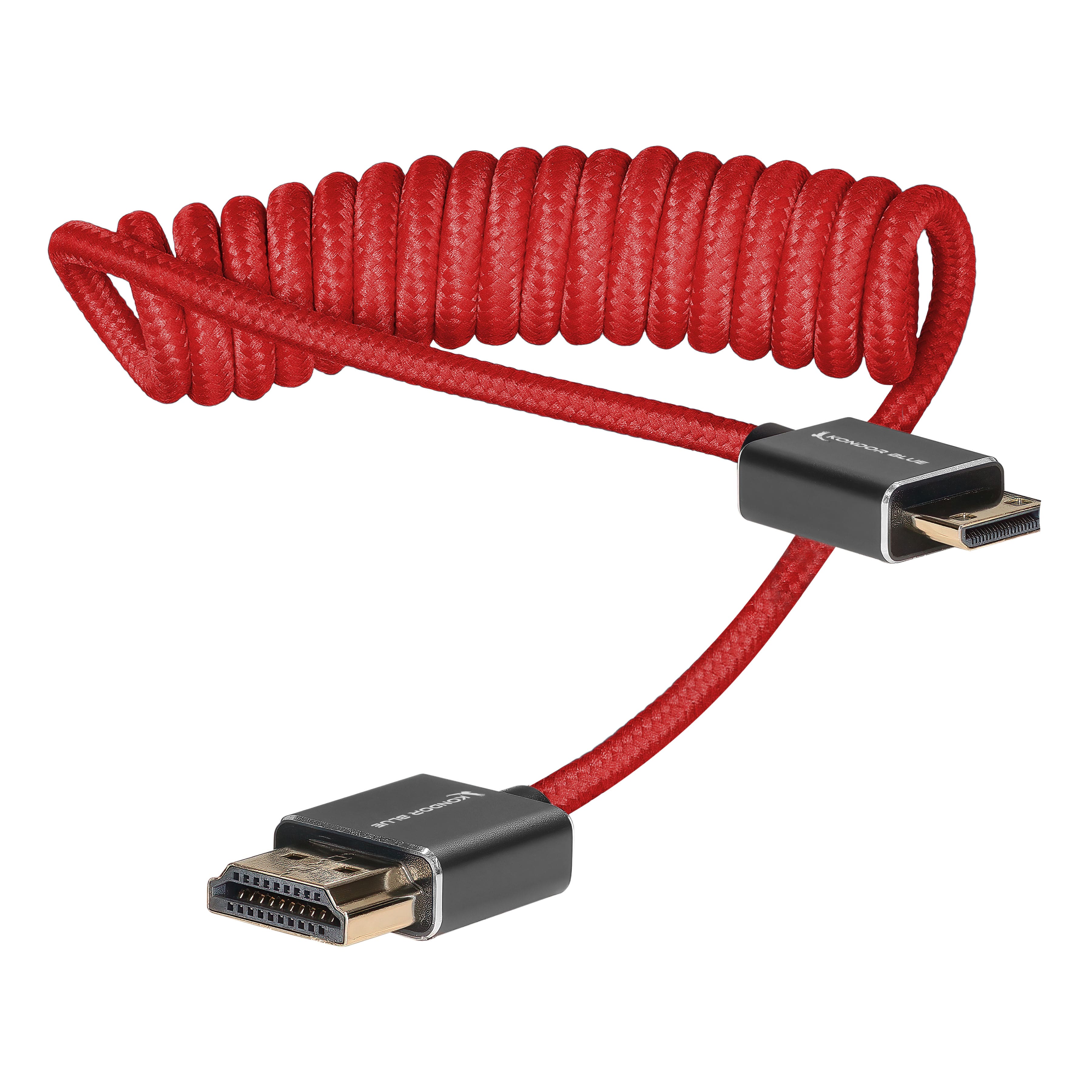 Kondor Blue - Mini HDMI to Full HDMI Cable 12" -24" Braided Coiled | for On-Camera Monitors, Capture Cards + More - Red