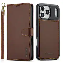 Dteck - For Apple iPhone 18 Pro Max Premium PU Leather Detachable Folio Card Slots Wallet Phone Case With Wrist Strap - Brown