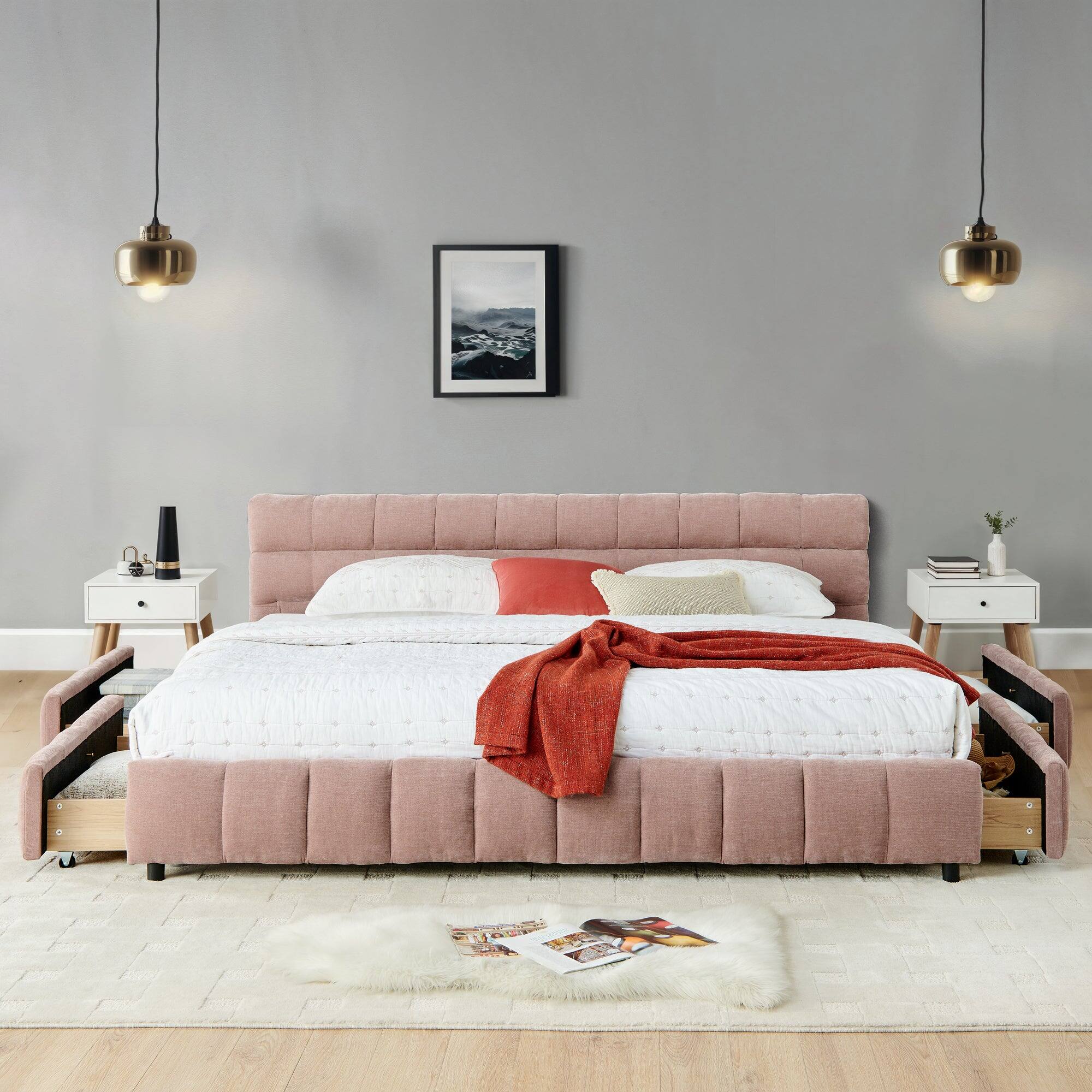 Alt View 3. Boyel Living - California King Upholstered Platform Bed with Chenille Fabric, Soft Headboard and Storage Drawer, Pink - Pink.