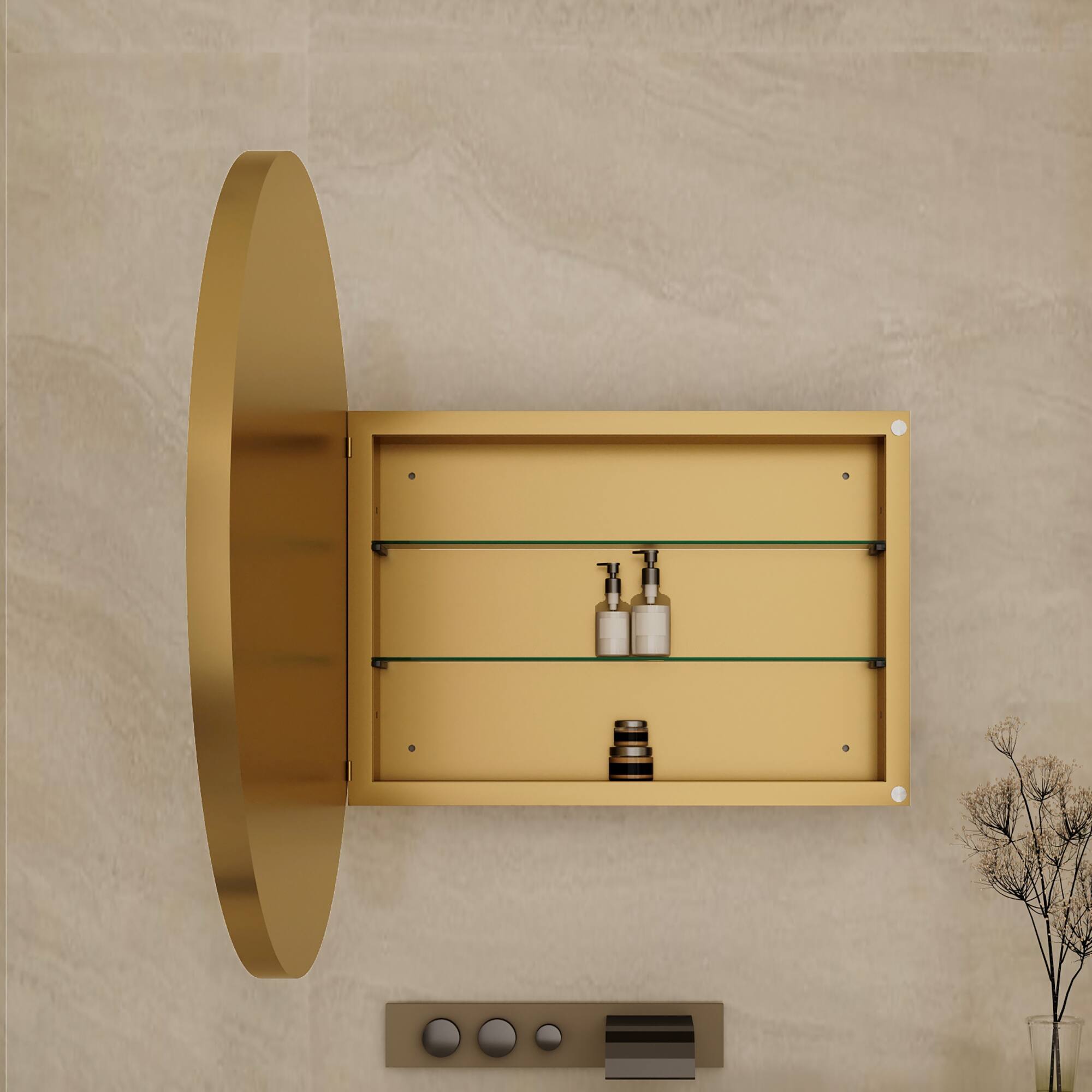 Alt View 1. APRILSOUL - 31.5 Inch Surface Mount Round Metal Framed Medicine Cabinet with Mirror and Adjustable Shelves - Gold.