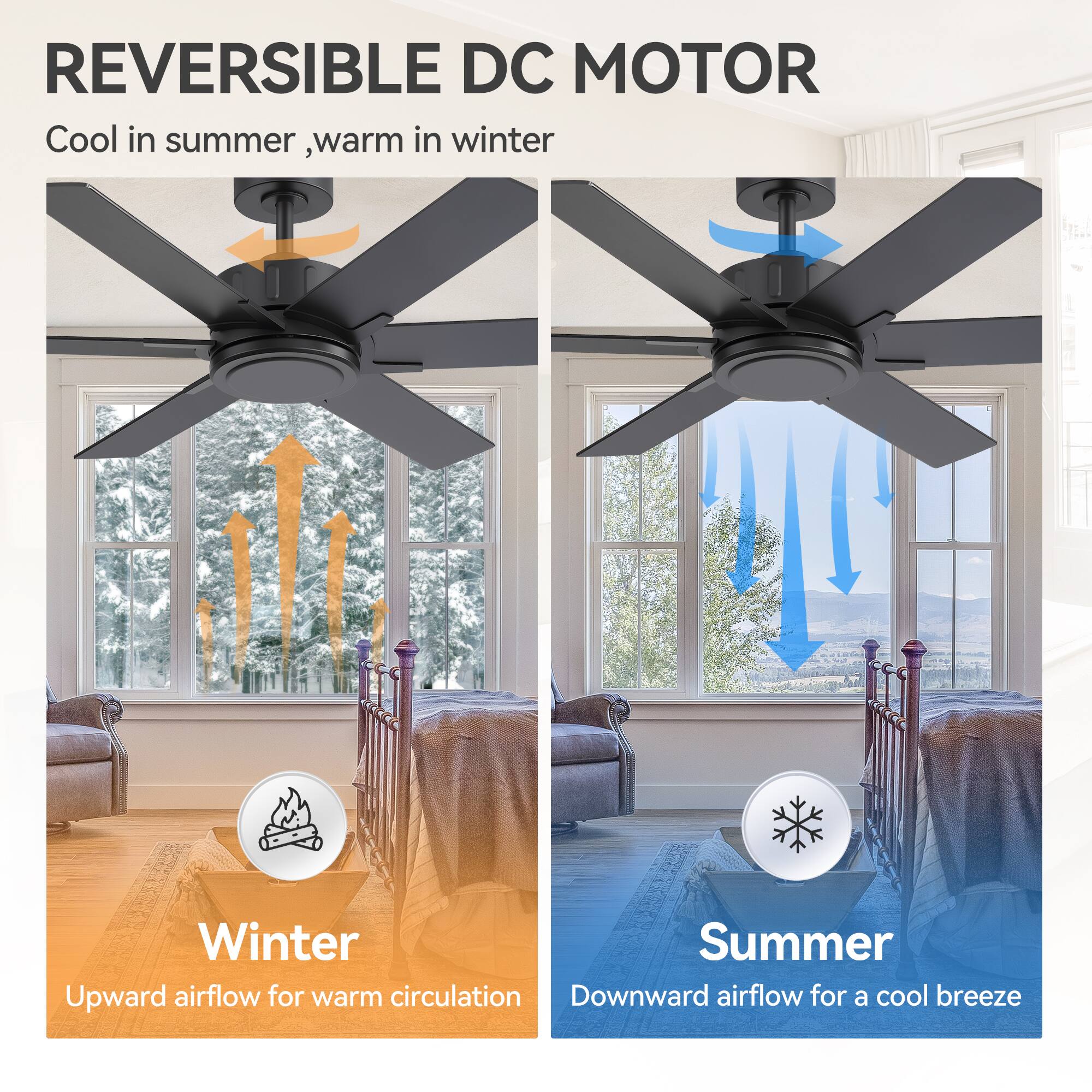 REVERSIBLE DC MOTOR  
Cool in summer, warm in winter  

Winter  
Upward airflow for warm circulation  

Summer  
Downward airflow for a cool breeze