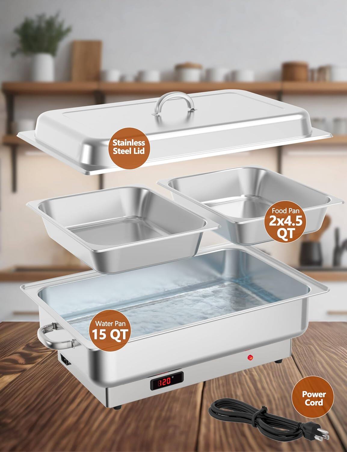 Stainless Steel Lid  
Food Pan 2x4.5 QT  
Water Pan 15 QT  
Power Cord