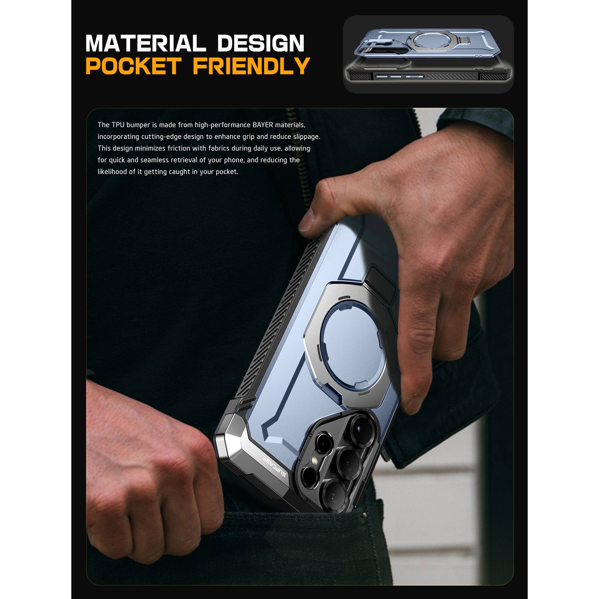 MATERIAL DESIGN  
POCKET FRIENDLY  

The TPU bumper is made from high-performance BAYER materials, incorporating cutting-edge design to enhance grip and reduce slippage. This design minimizes friction with fabrics during daily use, allowing for quick and seamless retrieval of your phone, and reducing the likelihood of it getting caught in your pocket.
