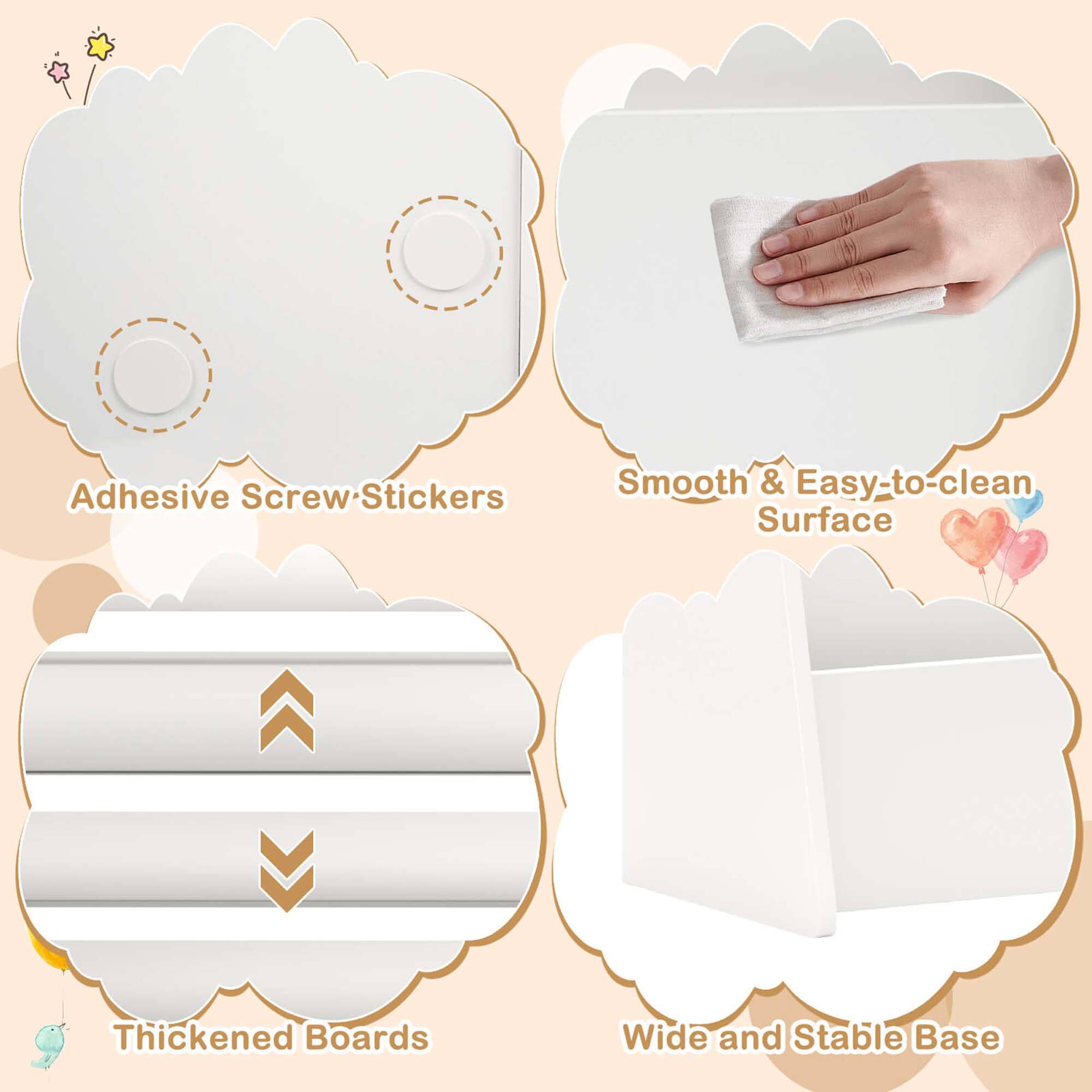 The text on the image is grouped as follows:

1. Adhesive Screw Stickers
2. Smooth & Easy-to-clean Surface
3. Thickened Boards
4. Wide and Stable Base