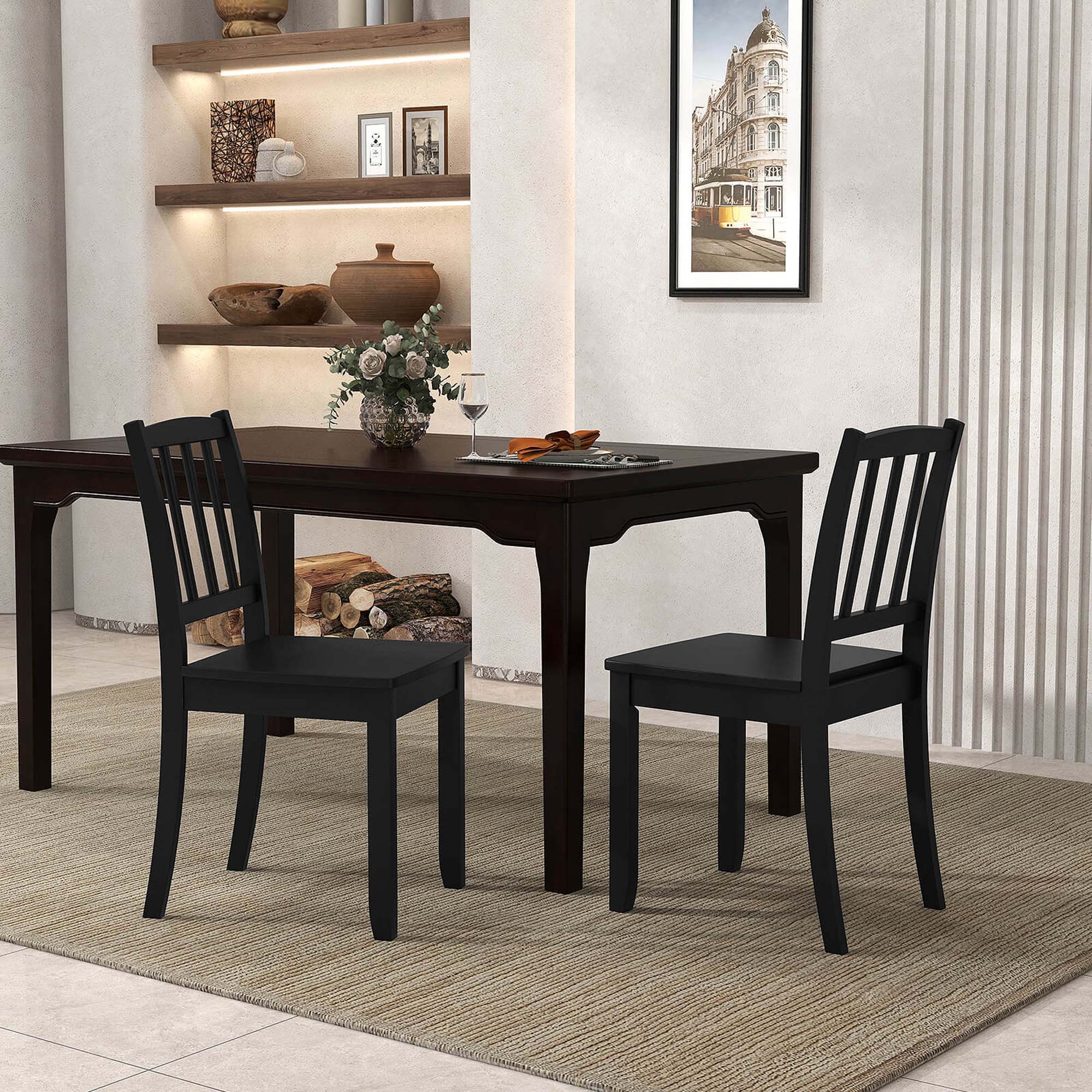 Back. Costway - Wood Dining Chair Set of 2 with Rubber Wood Legs Curved Backrest for Kitchen - Black.