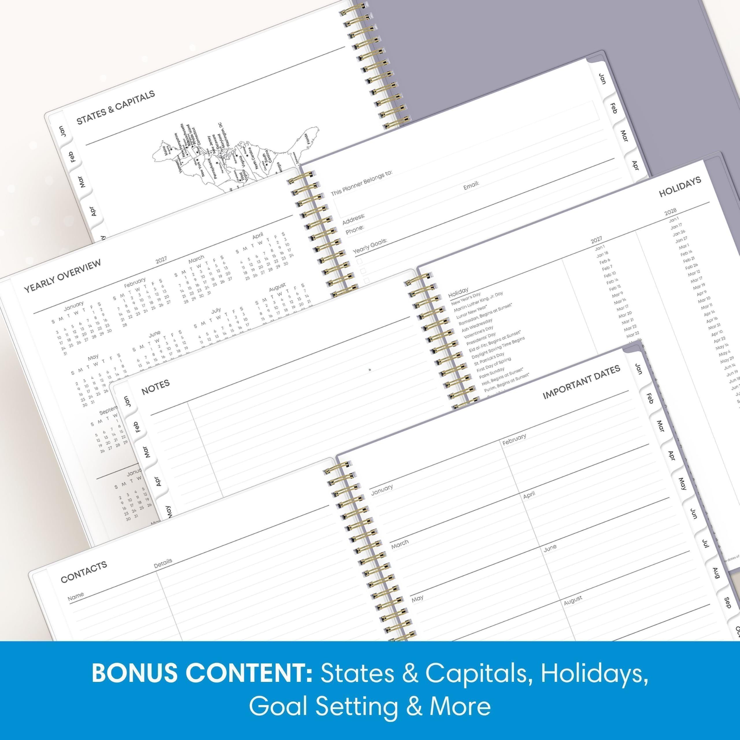 Jon & CAPITALS Feb STATES Jan Mar Feb Apr and Plonner Belongs Email HOLIDAYS This Apr Address: 2028 thes, Phone: Jan27 by April John W Gook 2027 Jon27 of Yearly JOT? ADIT $ , Res 2027 March of U Febs NOT OVERVIEW g 28 NOT 20 a = Avento Maril or YEARLY Februdry 25 24 NON Mor Ju August NOT z 2 M Holiday Hor? Mor 10 January $ 20 = x - Mark July E Mor17 MY? 22 Mor20 Add M r 0 # M I If 20 Not MYZ 2 : 20 to 20 JUND $ MMR Aprio 0 If Day $ $ way's May Mays fish DATES Jan ARM I a NOTES IMPORTANT Feb  Septer Jan Feb Mar February Mar Apr Apr January May ---- April May 300 March June Jul Details CONTACTS Aug Nome May August Sep 00 BONUS CONTENT: States & Capitals, Holidays, Goal Setting & More