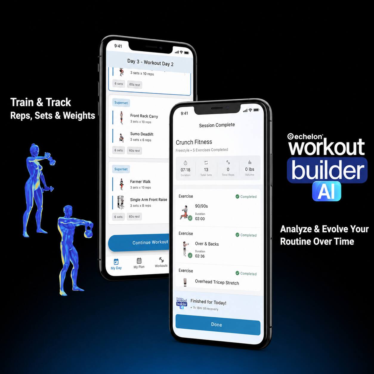 9:41
all
Day 3 - Workout Day 2
3 sets x 10 reps
6 sets
60s rest
Train & Track Reps, Sets & Weights
Superset
Front Rack Carry
3 sets x 10 reps
Sumo Deadlift
3 sets x 5 reps
6 sets
60s rest
Superset
Farmer Walk
3 sets x 10 reps
Single Arm Front Raise
3 sets x 8 reps
6 sets
60s rest
Continue Workout
Session Complete
Crunch Fitness
Freestyle - 5 Exercises Completed
L1
07:18
13
0
0 lbs
Duration
Total Sets
Total Reps
Volume
Exercise
Completed
90/90s
Duration
02:00
Exercise
Over & Backs
Duration
02:36
Exercise
Overhead Tricep Stretch
Finished for Today!
18m 18s recovery
Done
echeleon workout builder AI
Analyze & Evolve Your Routine Over Time