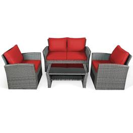 Kadyn - 4 Pieces Patio Rattan Furniture Set, Outdoor Furniture Garden Conversation Sets with Storage Shelf Cushion-Gray - Red