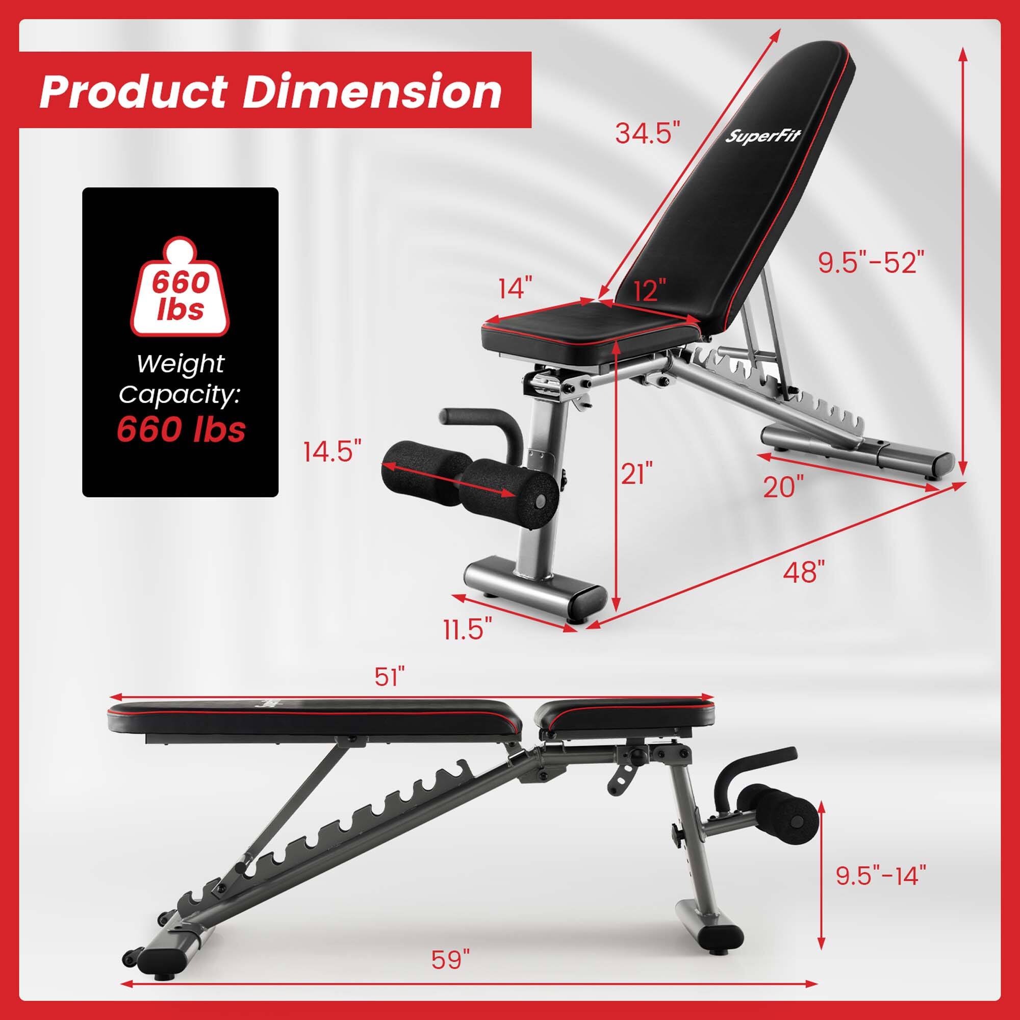Product Dimension: 34.5" SuperFit 660 lbs 14" 12" 9.5"-52" Weight Capacity: 660 lbs 14.5" 21" 20" 48" 11.5" 51" 9.5"-14" 59"