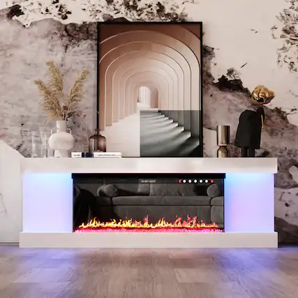 Front. Famapy - Upto 65" TV Stand with Electric Fireplace and LED Lights, Entertainment Center with Storage for Living Room Heating - White & Black.