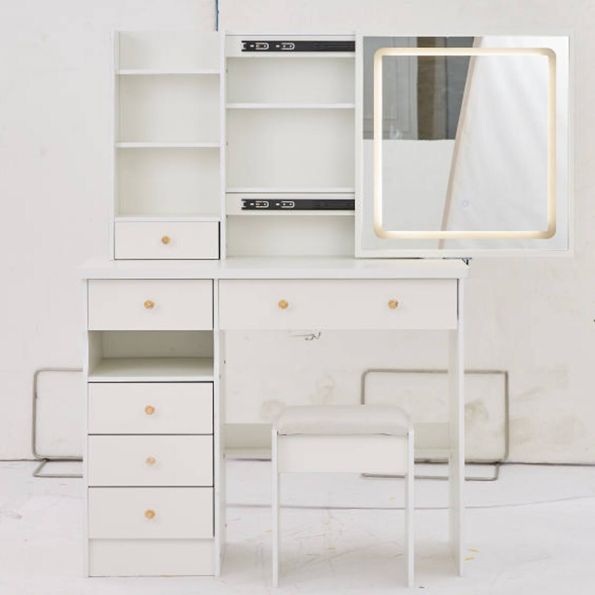 Alt View 3. Loheer - Loheer 37 Inch Makeup Vanity Table with Left Drawer, Sliding LED Mirror and Cushioned Stool - White.