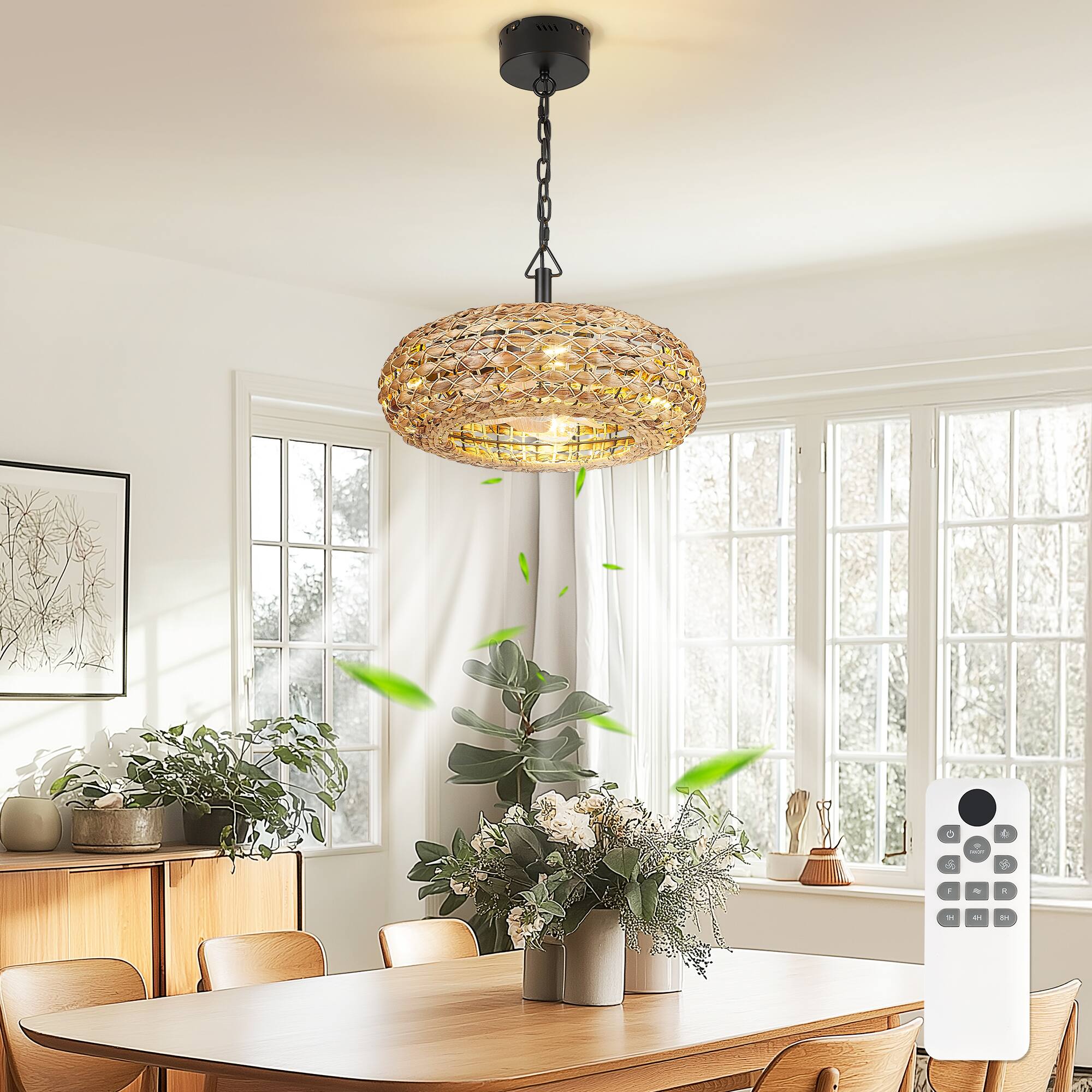 Alt View 3. JAZAVA - 20 in. Indoor Rattan 100-240 V Low Profile Farmhouse Rattan Cage Ceiling Fan with Light - Bronw.