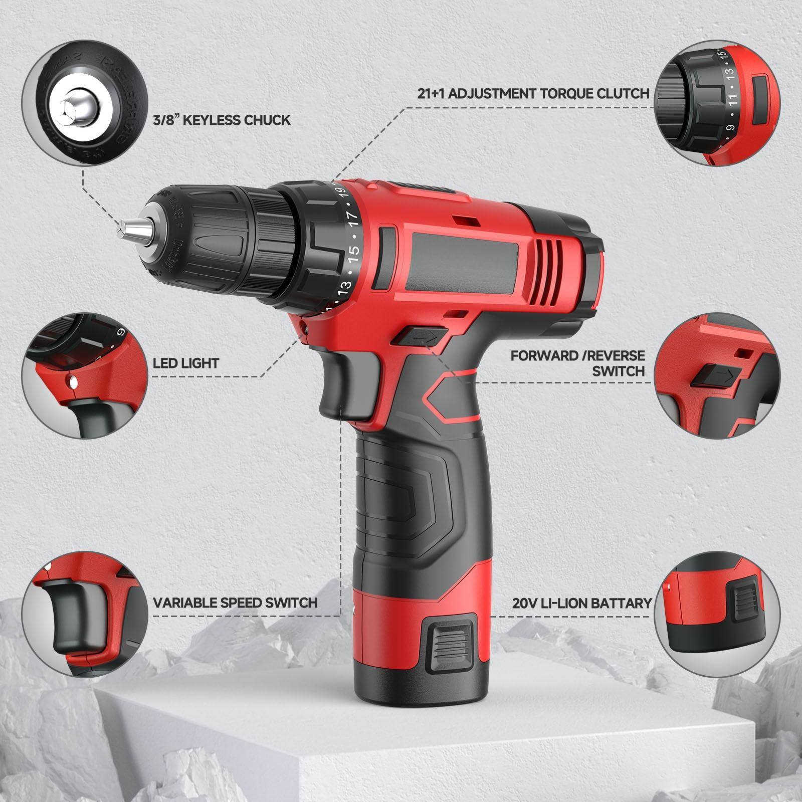 - 3/8" KEYLESS CHUCK
- 21+1 ADJUSTMENT TORQUE CLUTCH
- LED LIGHT
- FORWARD / REVERSE SWITCH
- VARIABLE SPEED SWITCH
- 20V LI-LION BATTERY