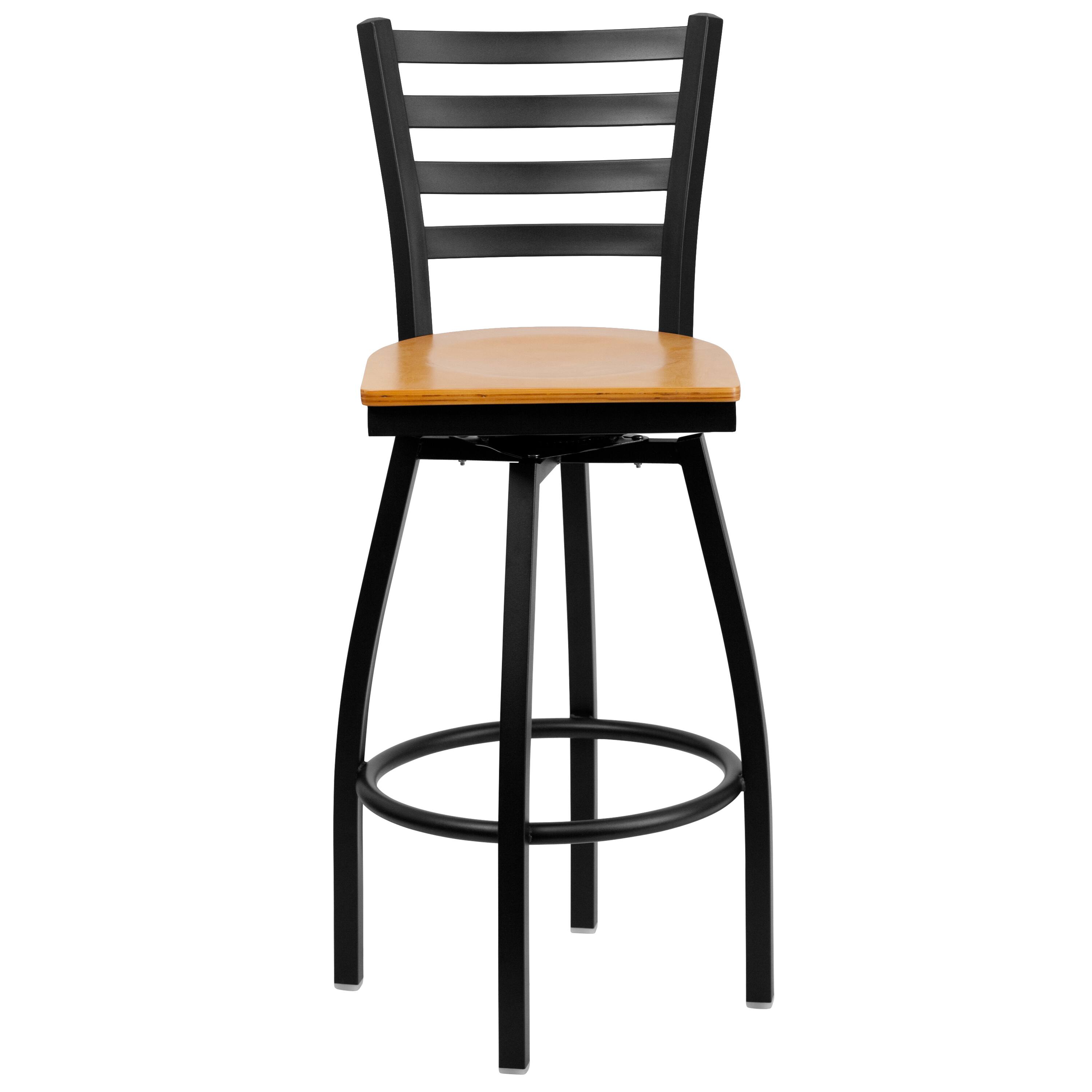 Alt View 7. Emma + Oliver - Ladder Back Swivel Metal Restaurant Dining Barstool - Natural Wood Seat/Black Metal Frame.