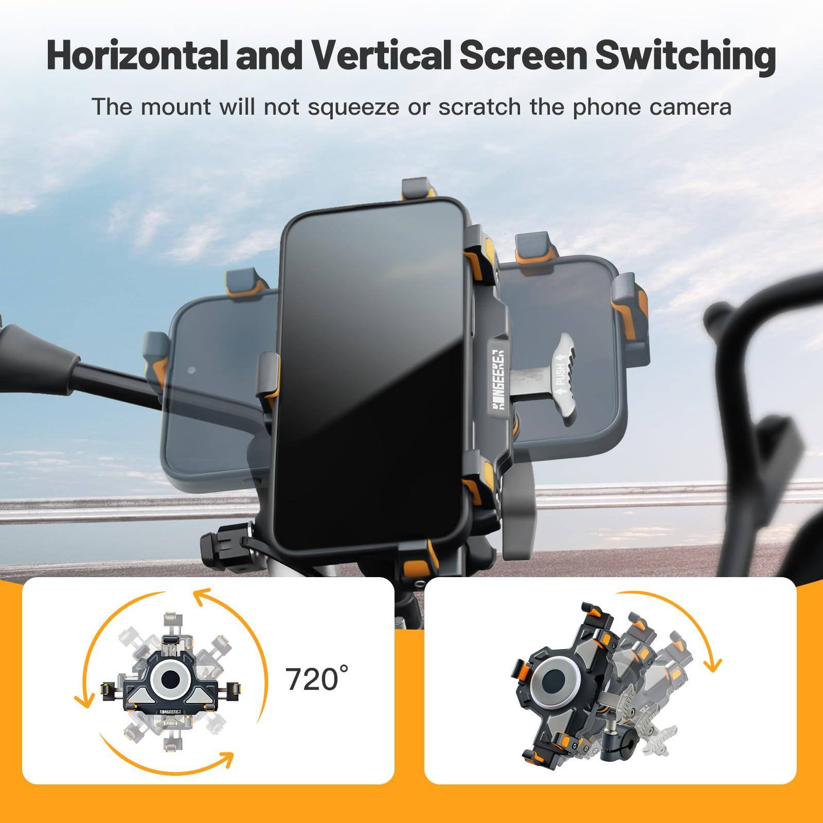 Horizontal and Vertical Screen Switching  
The mount will not squeeze or scratch the phone camera  

720°
