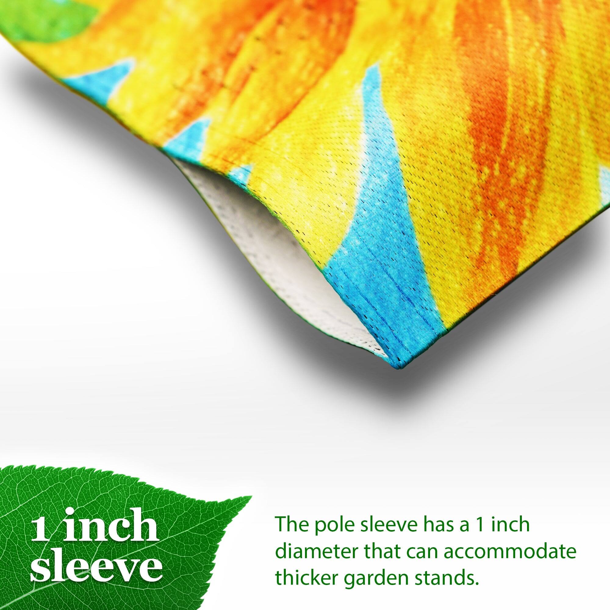 1 inch sleeve

The pole sleeve has a 1 inch diameter that can accommodate thicker garden stands.