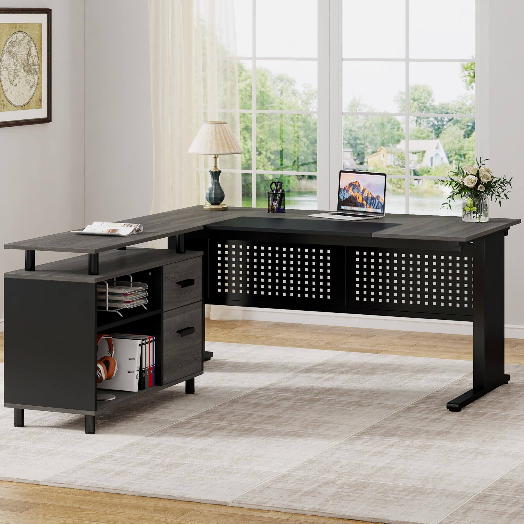 Alt View 1. Tribesigns - 63 Inch Executive Desk with File Cabinet, L Shaped Office Desk with Drawers and Storage Shelves, Business Furniture Set - Gray and Black.
