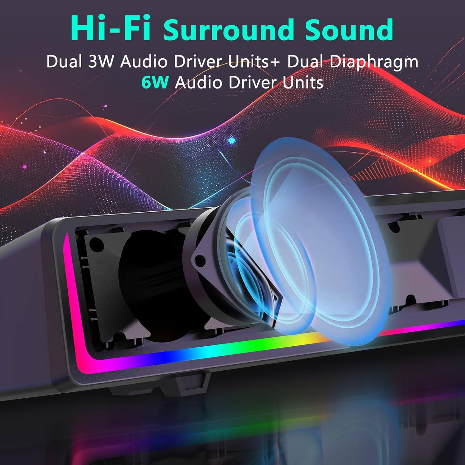 Hi-Fi Surround Sound  
Dual 3W Audio Driver Units + Dual Diaphragm 6W Audio Driver Units