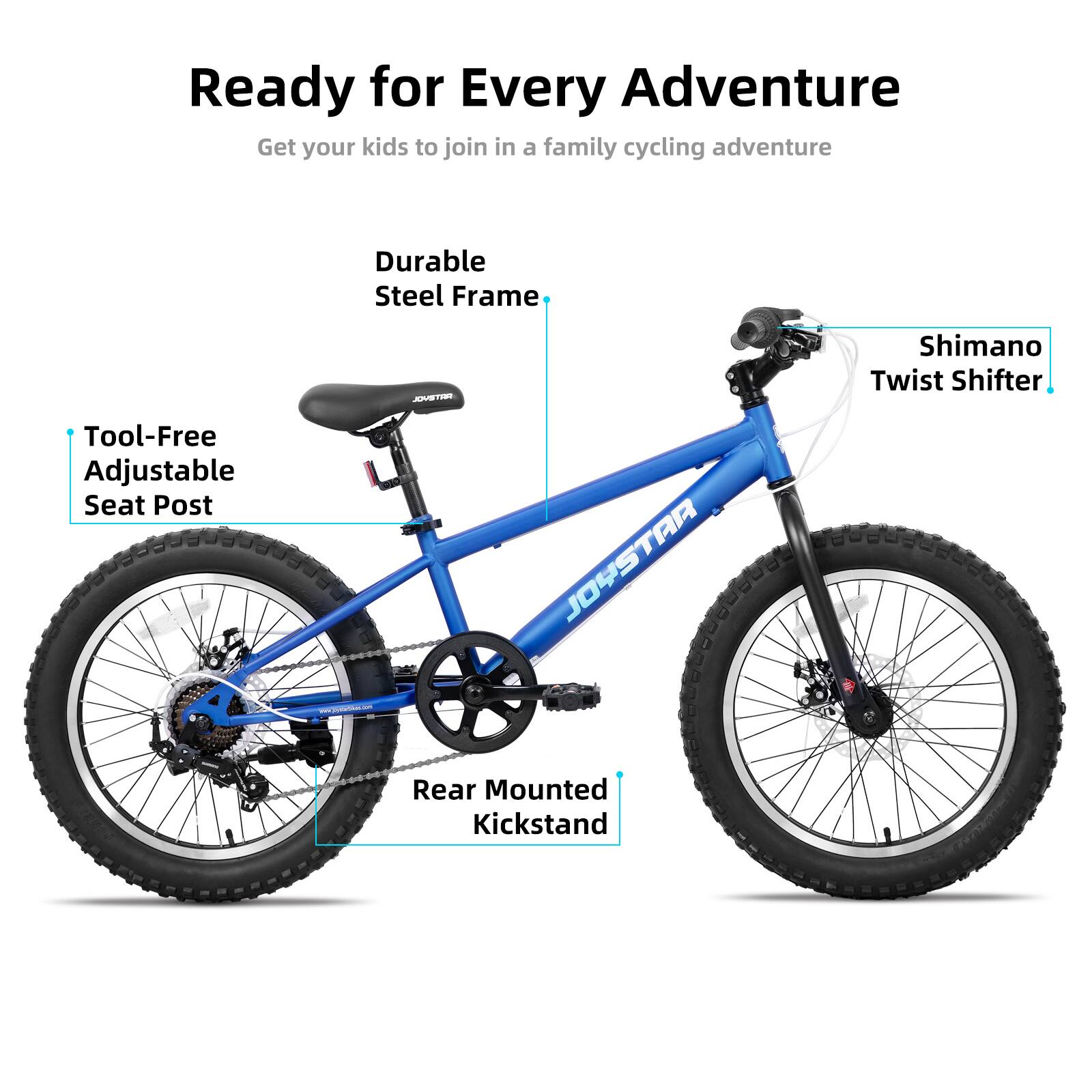 Ready for Every Adventure  
Get your kids to join in a family cycling adventure  

- Durable Steel Frame  
- Shimano Twist Shifter  
- Tool-Free Adjustable Seat Post  
- Rear Mounted Kickstand