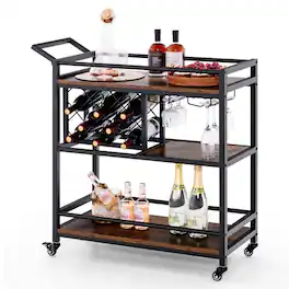 Costway - 3-tier Bar Cart on Wheels Home Kitchen Serving Cart with Wine Rack & Glass Holder - Rustic Brown