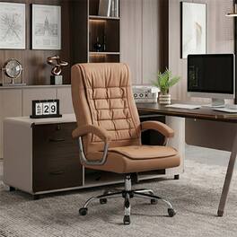 HTUTWOO - Executive Office Chair High Back - PU Leather Spring Cushion, Ergonomic Swivel, Chrome Armrests, 350lbs Capacity - Camel