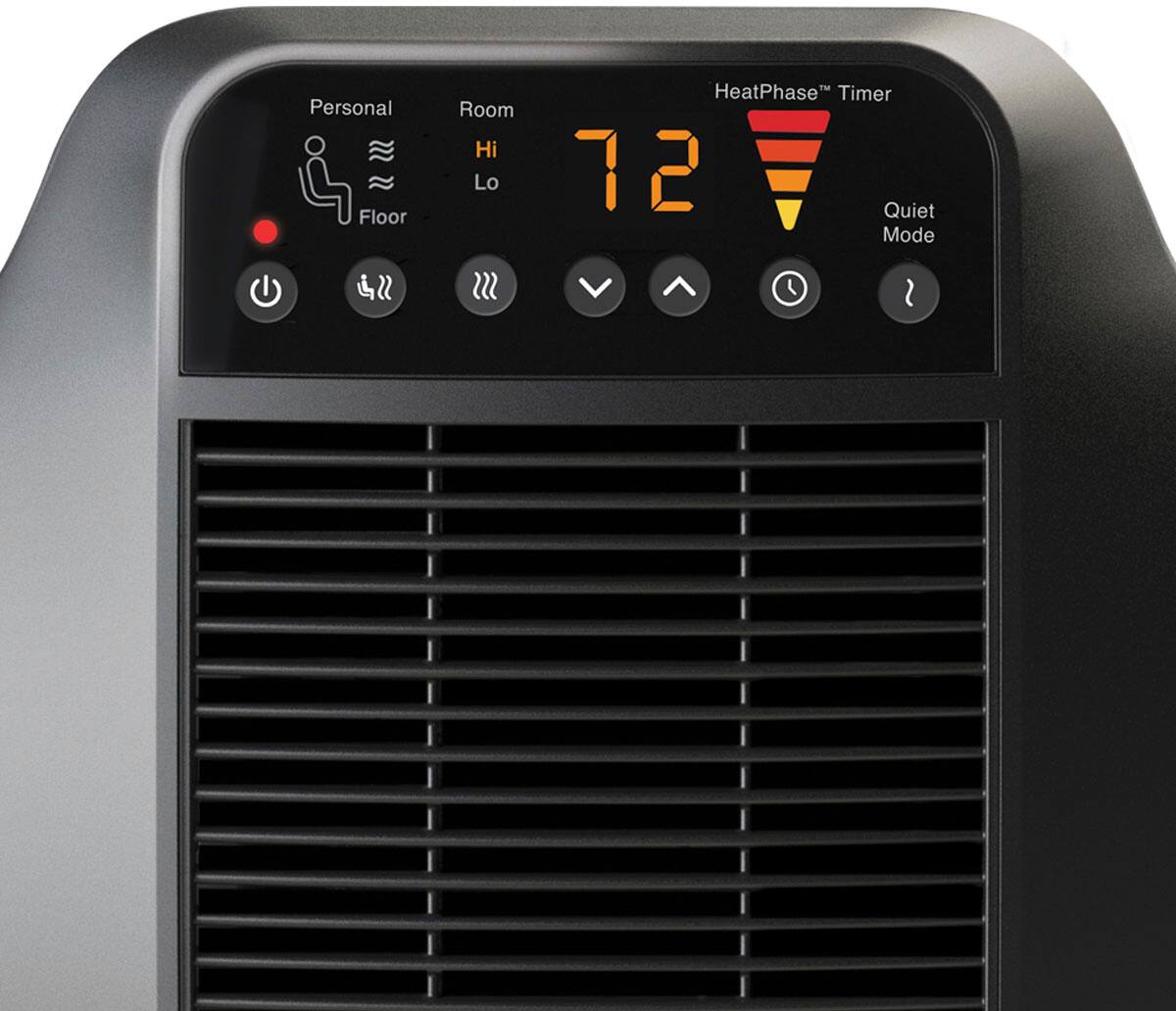 The image shows a black and silver air conditioner with a digital display. The display shows the current temperature, which is 72 degrees Fahrenheit. The air conditioner is set to "HeatPhase" and "Quiet Mode." The display also shows the timer, which is set to 12 minutes. The air conditioner is designed for use in a room with a floor, and it is likely intended for personal use.