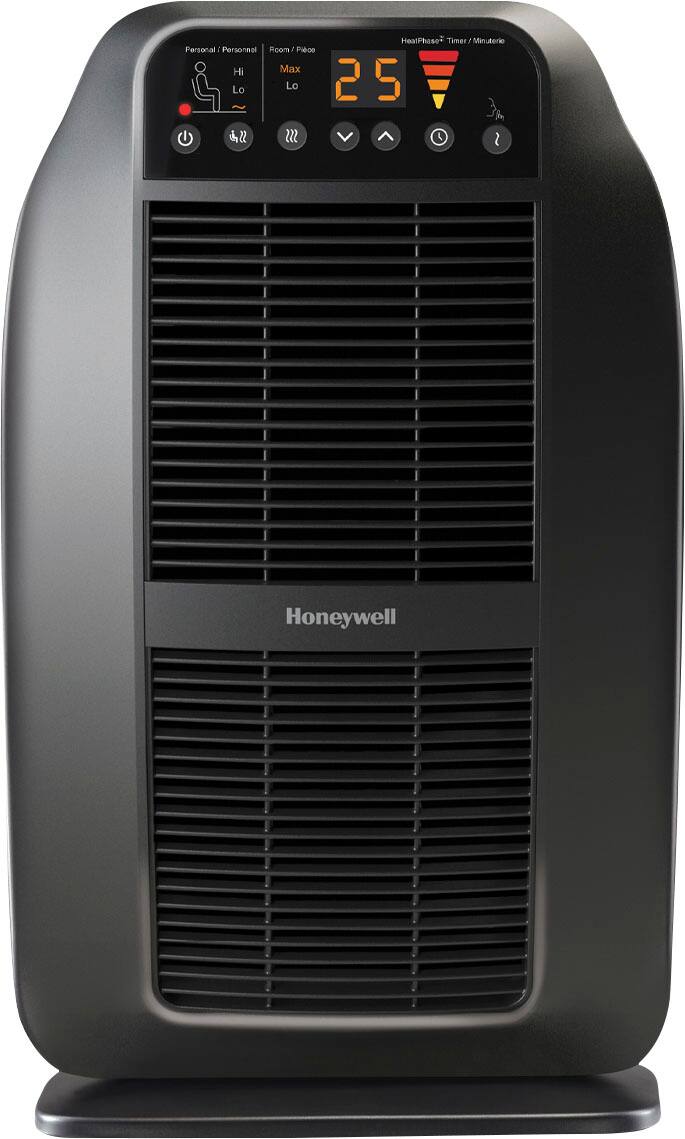 The image features a black Honeywell air conditioner with a digital display showing the temperature and humidity. The display reads "29" and "53" degrees Fahrenheit and "63" percent humidity. The air conditioner is designed to provide efficient cooling and comfort for users during hot and humid weather conditions.