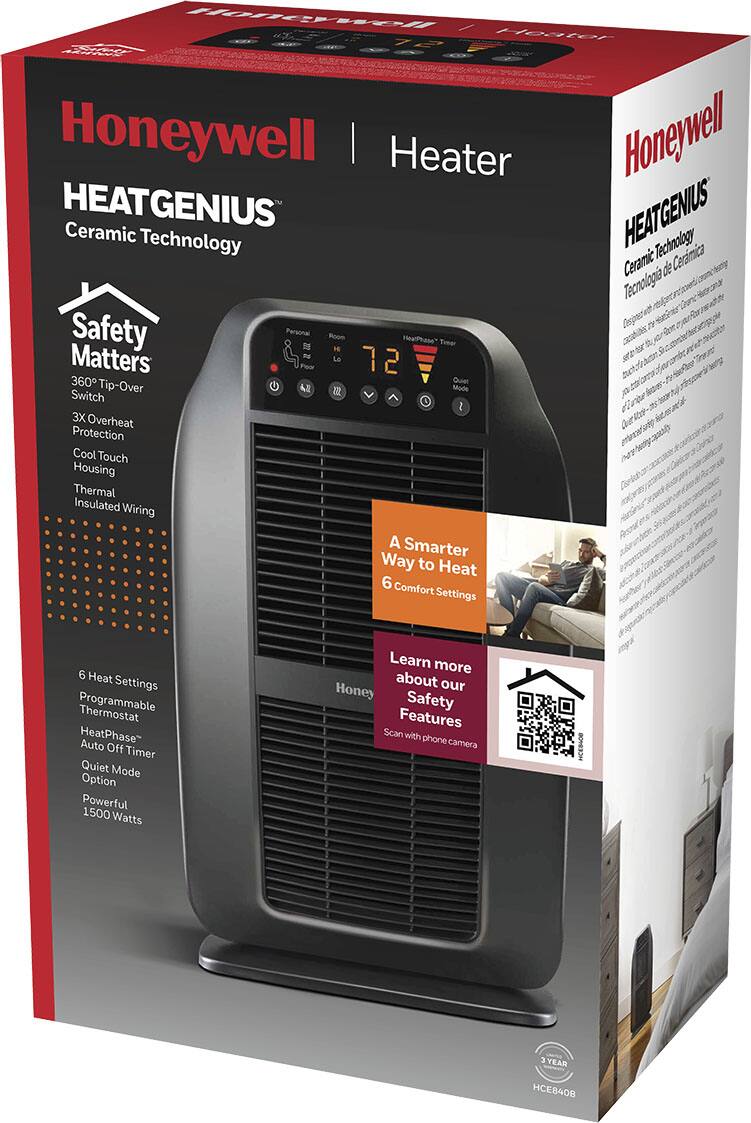 The image features a Honeywell Heater box with a man sitting on a couch in the background. The box is labeled "HeatGenius" and has a ceramic technology design. The box also includes safety features such as 2 switches, 2 overheat protections, cool touch housing, thermal insulated wiring, and a programmable thermostat. The box is designed to provide a smarter way to heat with 6 comfort settings and 6 heat settings. The box also has a 1500-watt power rating and an auto off timer. The man sitting on the couch appears to be enjoying the warmth provided by the heater.