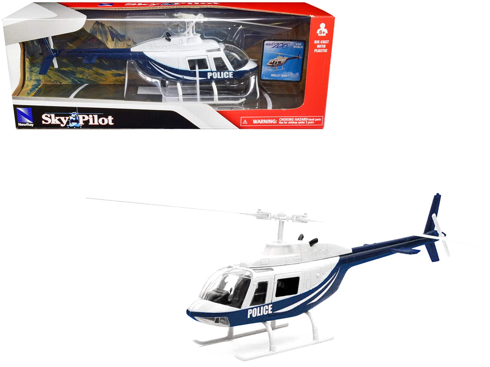 "Bell 206 Helicopter Dark Blue and White ""Police"" ""Sky Pilot"" Series 1/34 Diecast Model by New Ray" price history on PriceWatchPro
