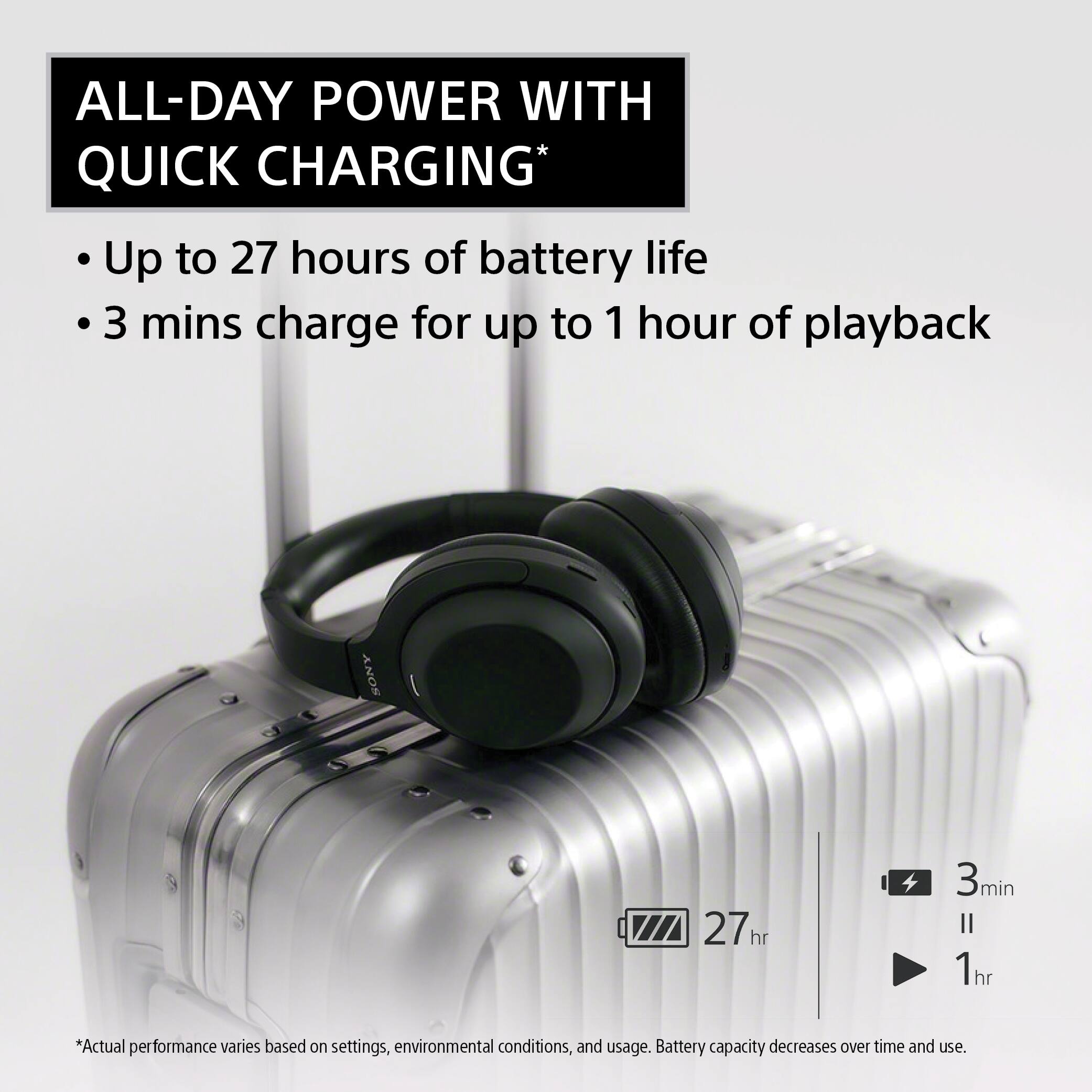 ALL-DAY POWER WITH QUICK CHARGING*

Up to 27 hours of battery life
3 mins charge for up to 1 hour of playback

SONY

27hr
3min
1hr

*Actual performance varies based on settings, environmental conditions, and usage. Battery capacity decreases over time and use.